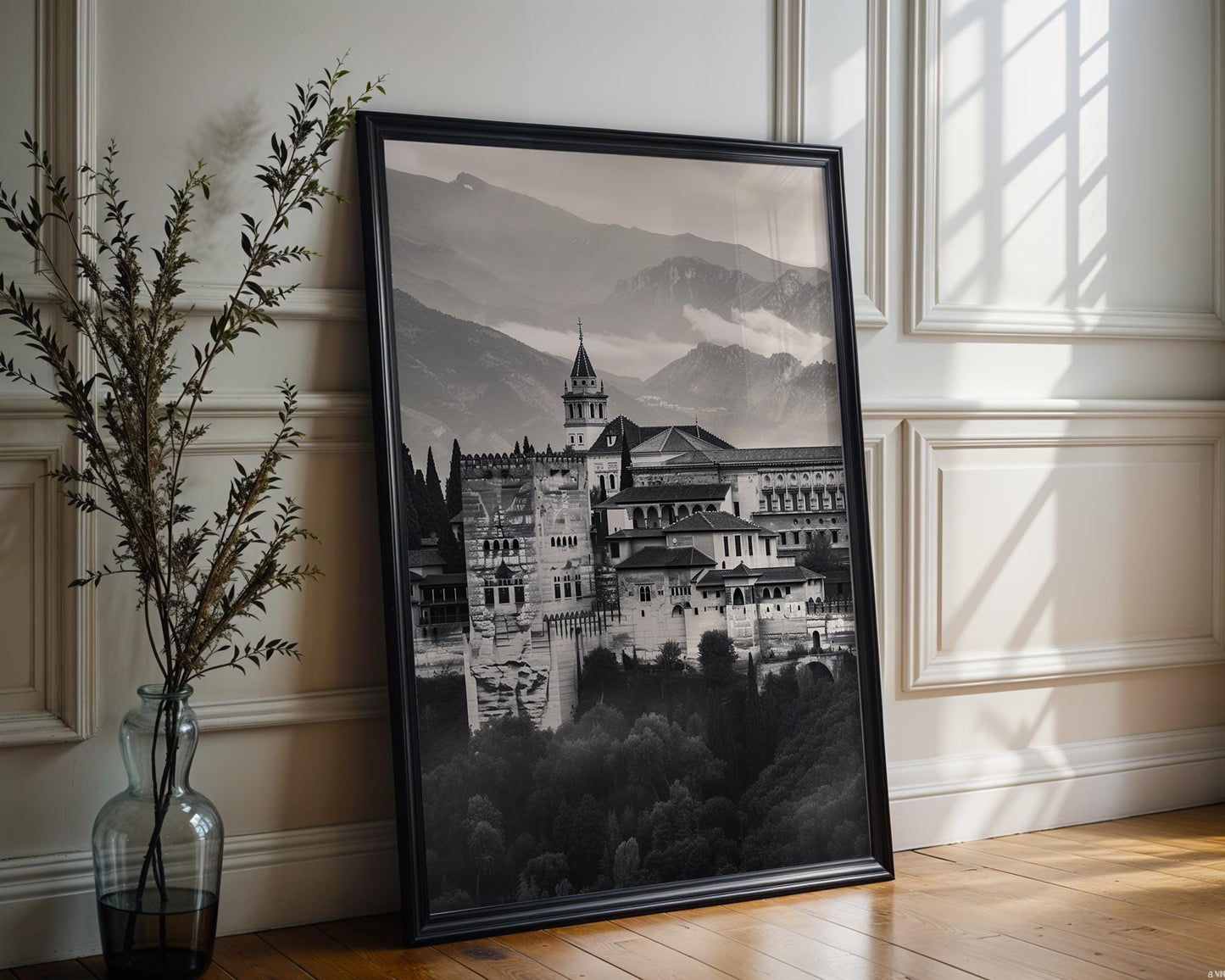World Landmark | Alhambra Palace, Granada, Spain Print | Black and White Photography wall art print, minimalist black and white poster, modern Scandinavian wall decor, Monohaus