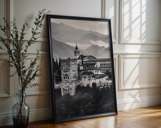 World Landmark | Alhambra Palace, Granada, Spain Print | Black and White Photography wall art print, minimalist black and white poster, modern Scandinavian wall decor, Monohaus