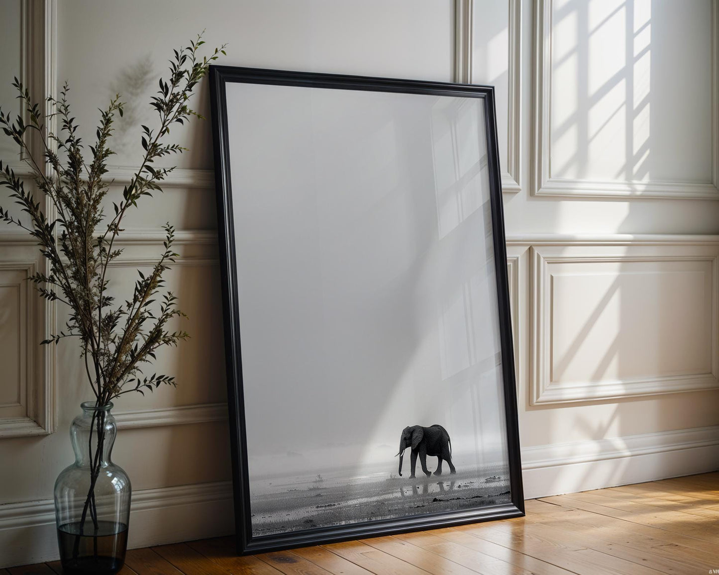 Wildlife Poster | Elephant in Mist Print | Minimalist Safari Wall Art wall art print, minimalist black and white poster, modern Scandinavian wall decor, Monohaus