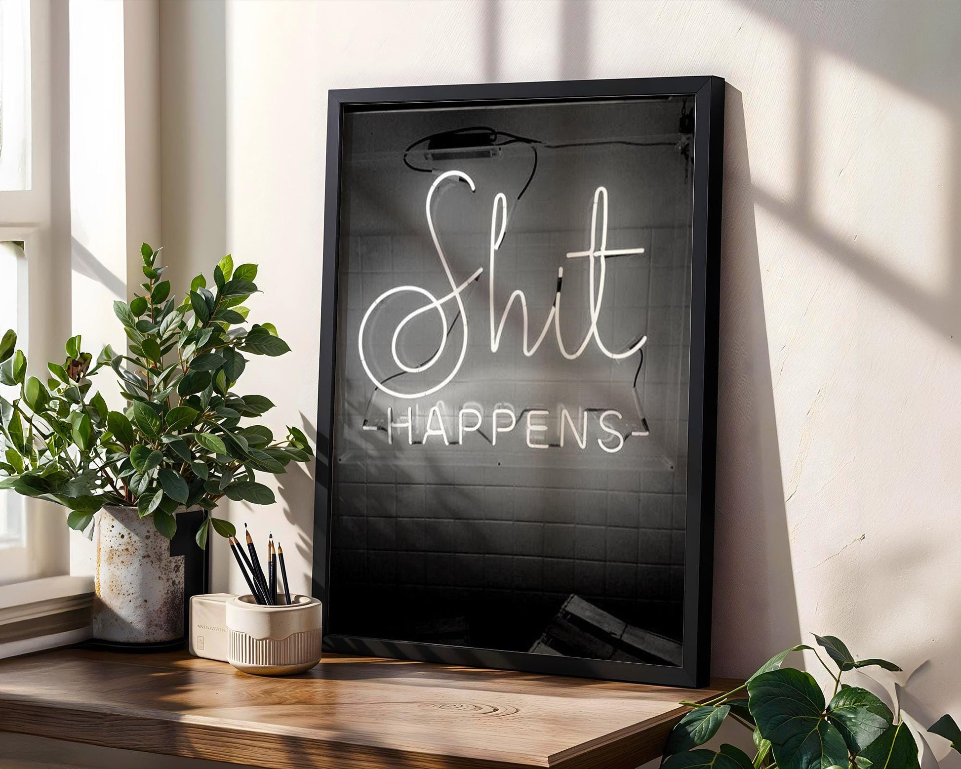Designer Wall Art | Shit Happens Neon Sign Print | Black & White Quote Poster typography wall art print, minimalist black and white type poster, modern graphic design decor, Monohaus