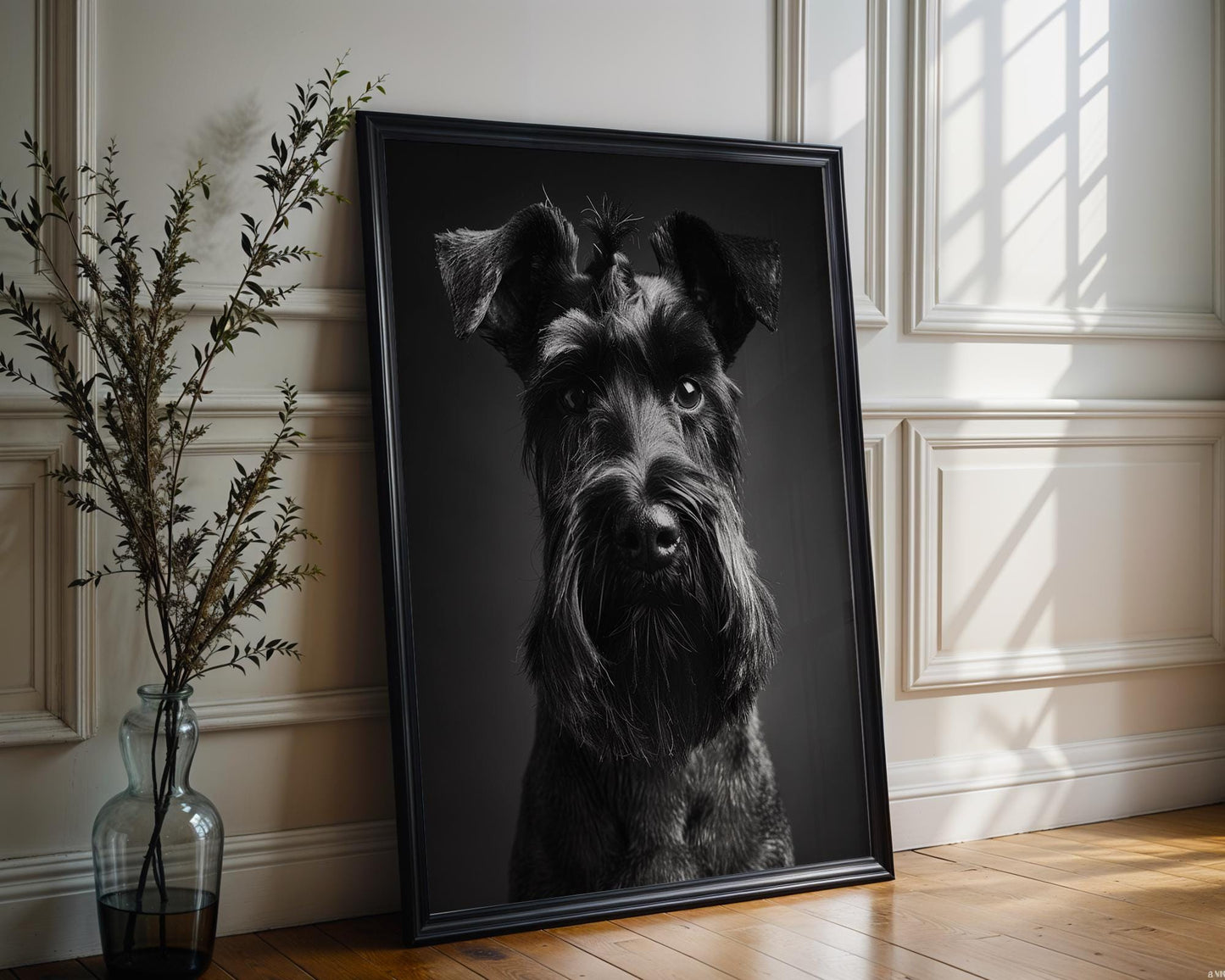 Dog Photography Black Schnauzer Portrait Print | Minimalist wall art print, minimalist black and white poster, modern Scandinavian wall decor, Monohaus