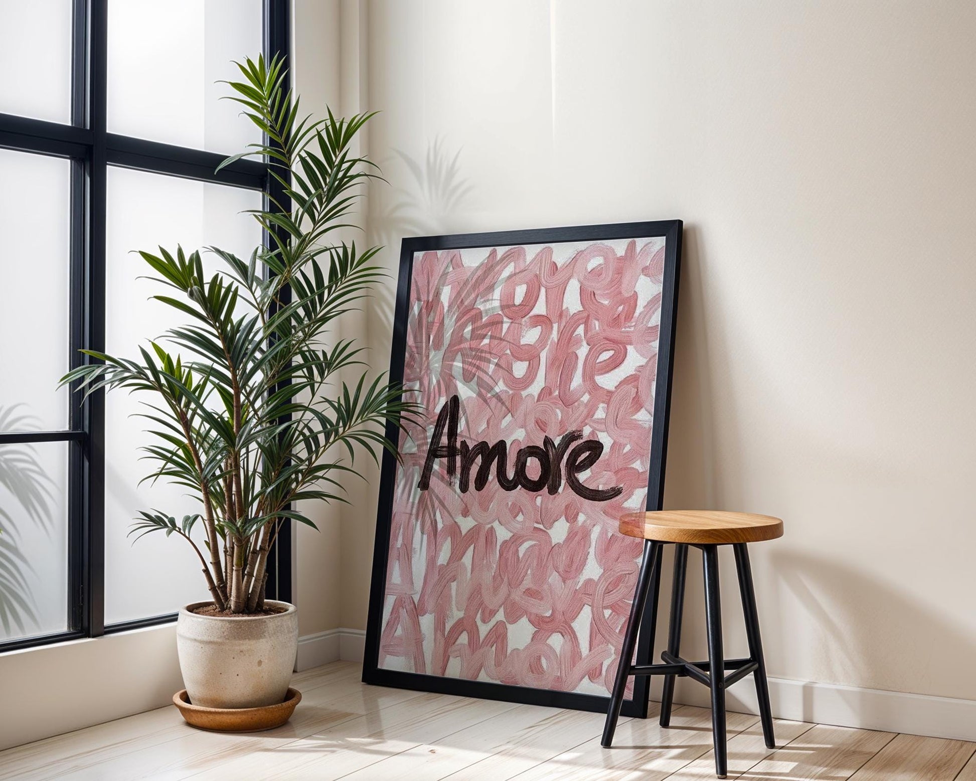 Designer Wall Art | Amore Typography Poster | Modern Blush Pink Love Print typography wall art print, minimalist black and white type poster, modern graphic design decor, Monohaus