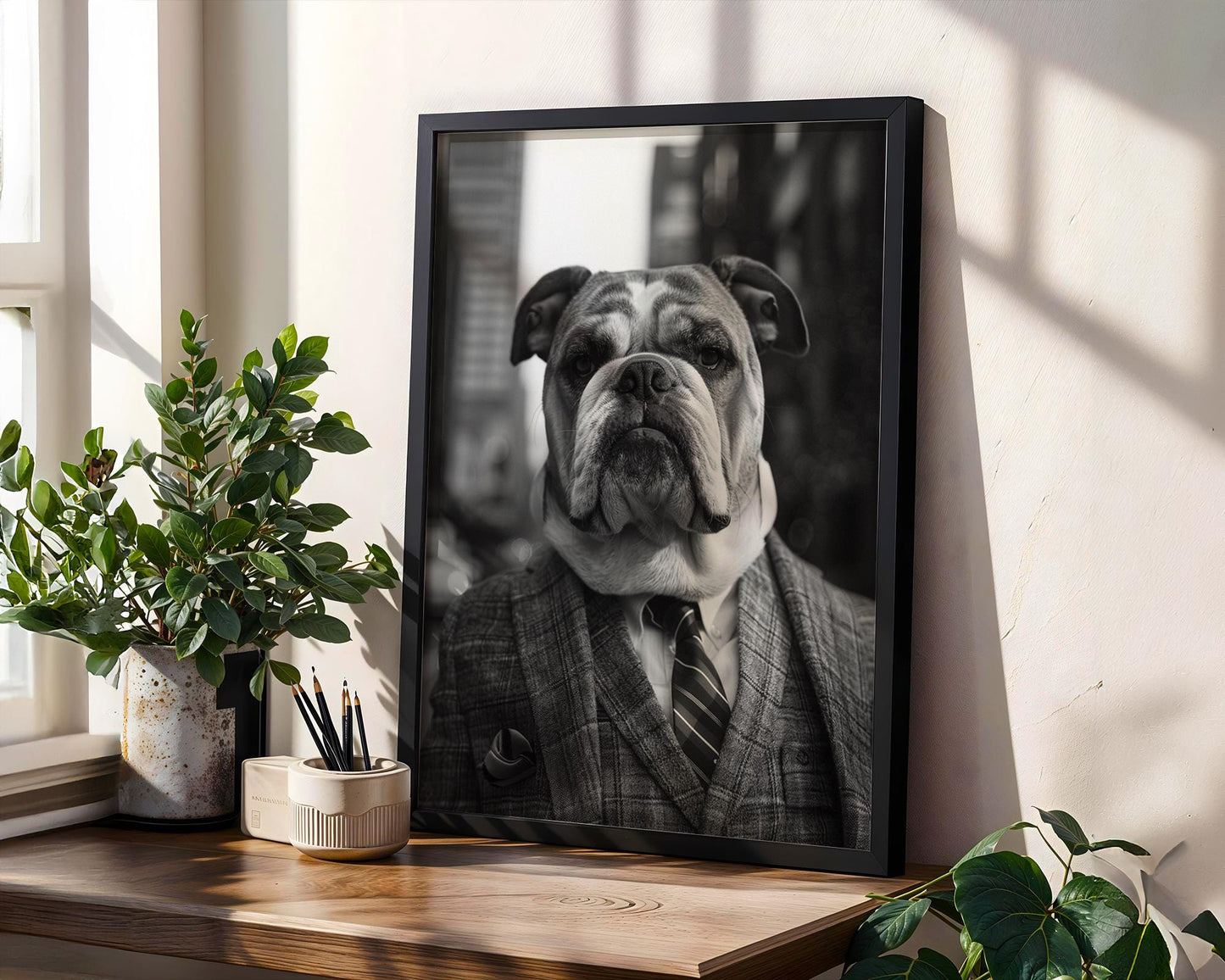 Dog Photography Bulldog in Plaid Suit Art Print | Dapper Animal Portrait wall art print, minimalist black and white poster, modern Scandinavian wall decor, Monohaus
