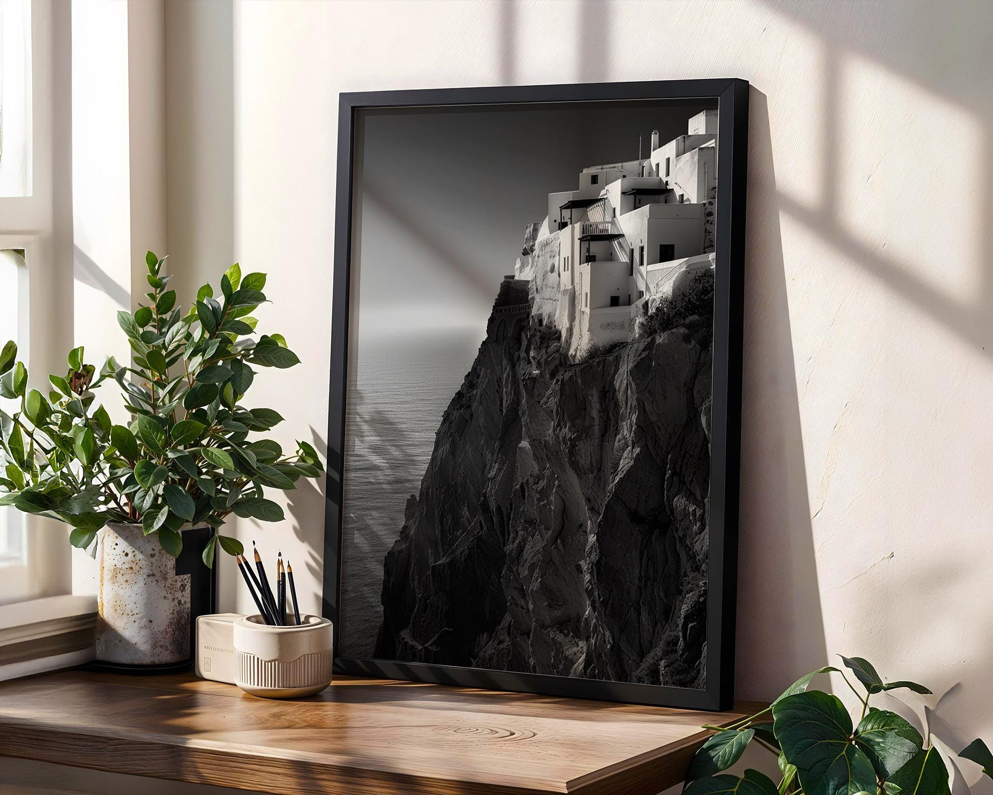 World Landmark | Santorini Cliff Houses Print | Black and White Greece Architecture wall art print, black and white architectural poster, minimalist modern Scandinavian wall decor, Monohaus