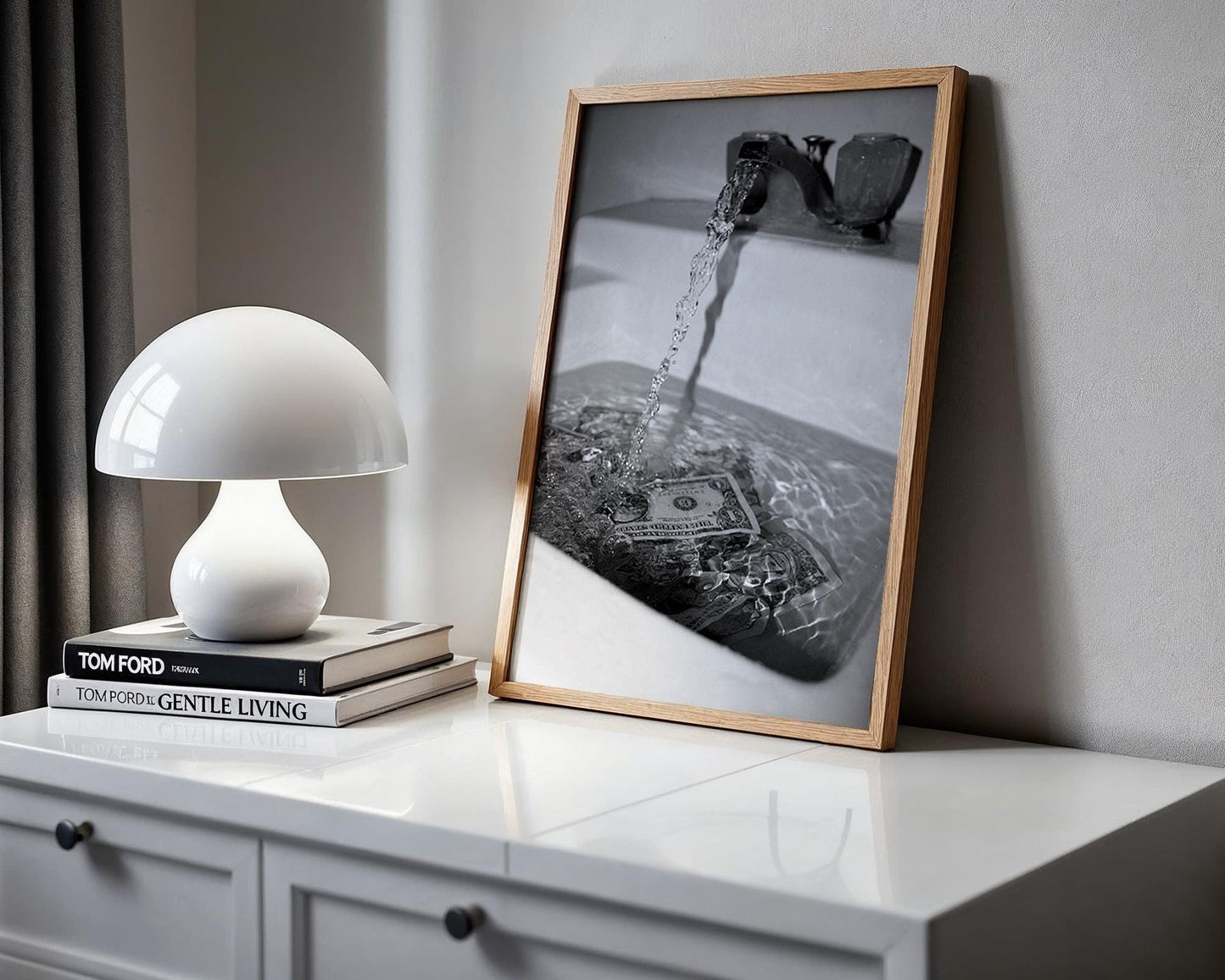 Designer Wall Art | Money Down The Drain Print | Conceptual Black and White Art wall art print, minimalist black and white poster, modern Scandinavian wall decor, Monohaus