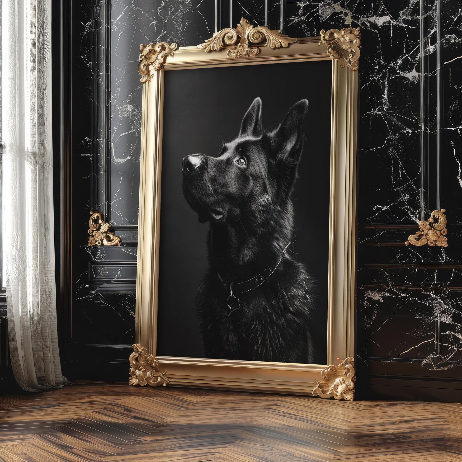 Dog Photography Black German Shepherd Art Print | Modern Pet Profile Poster wall art print, minimalist black and white poster, modern Scandinavian wall decor, Monohaus