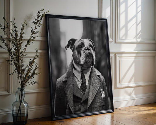 Dog Photography English Bulldog Tweed Coat Portrait | Vintage Pet Art Print wall art print, minimalist black and white poster, modern Scandinavian wall decor, Monohaus