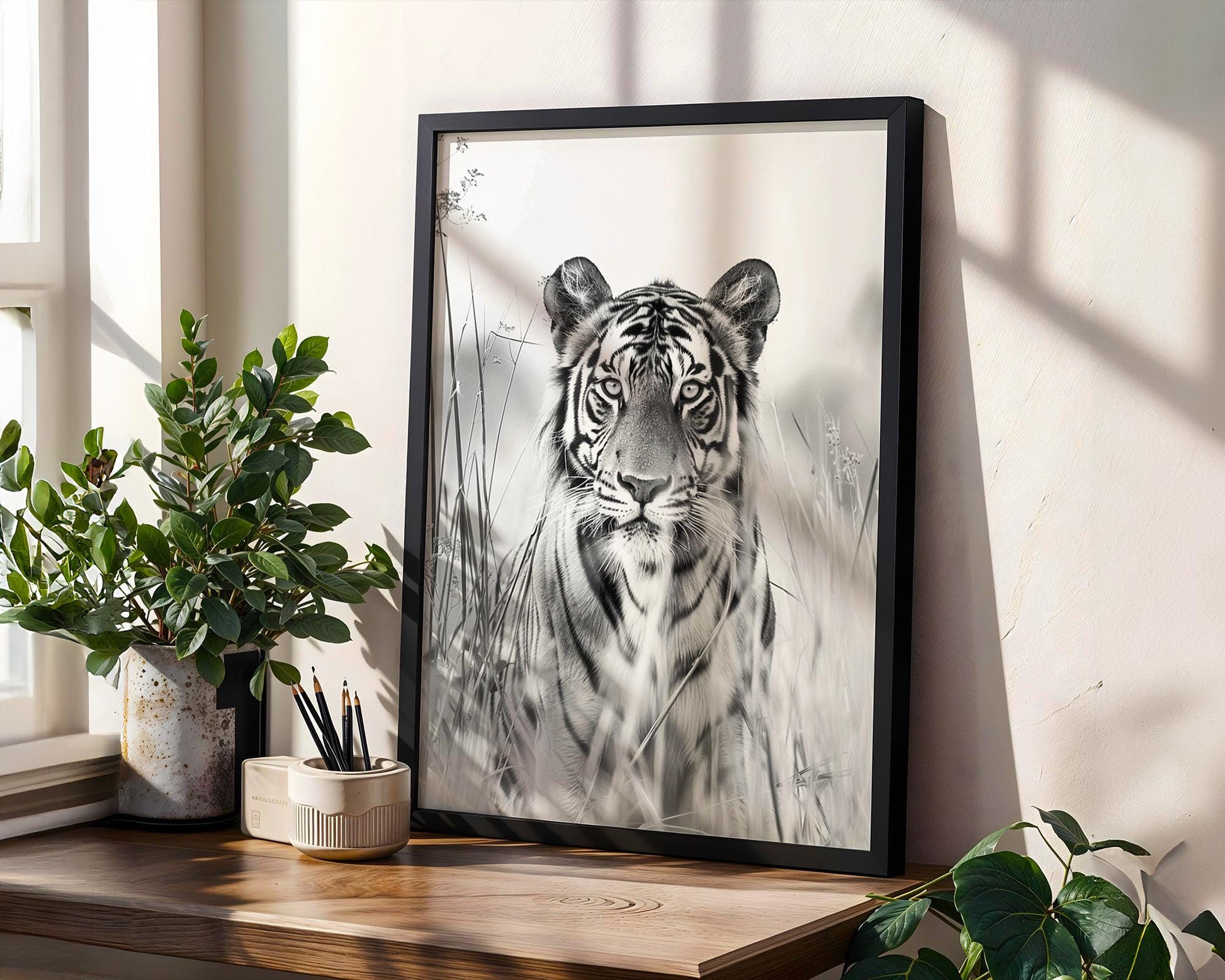 Wildlife Poster | Tiger in Tall Grass Fine Art Print • Minimalist Black & White Photography wall art print, minimalist black and white poster, modern Scandinavian wall decor, Monohaus