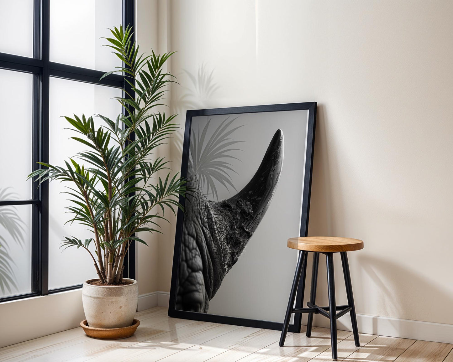 Wildlife Poster | Rhino Horn Fine Art Photography | Modern Scandi Interior Decor wall art print, minimalist black and white poster, modern Scandinavian wall decor, Monohaus