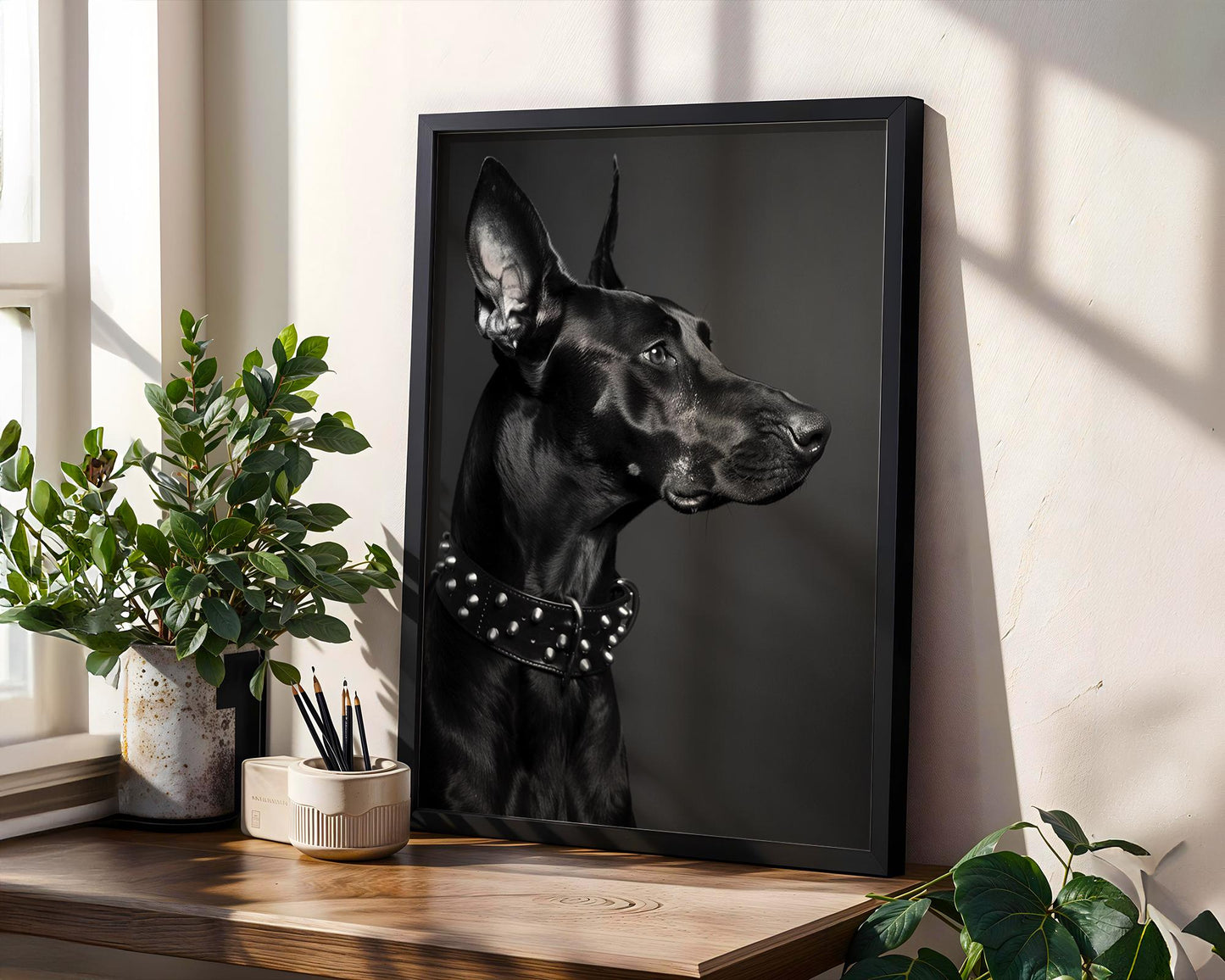 Dog Photography Doberman Art Print | Studded Collar Pet Photo, Modern Home Decor wall art print, minimalist black and white poster, modern Scandinavian wall decor, Monohaus