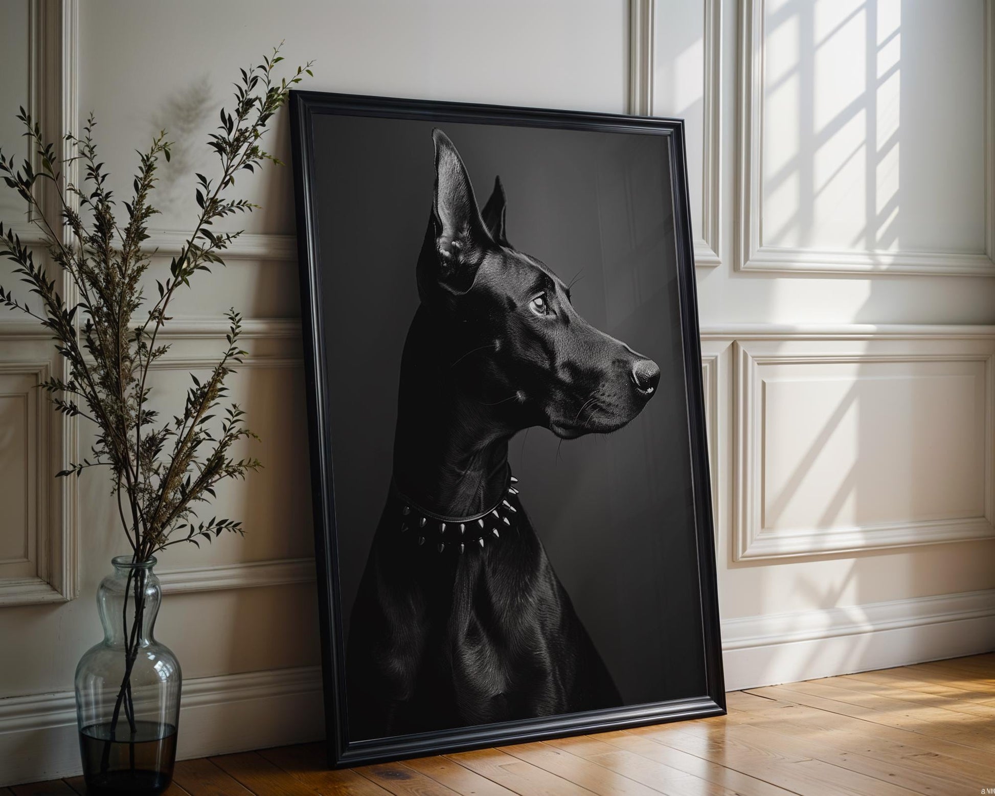 Dog Photography Doberman Art Print | Sleek Spiked Collar, Minimalist Pet Poster wall art print, minimalist black and white poster, modern Scandinavian wall decor, Monohaus