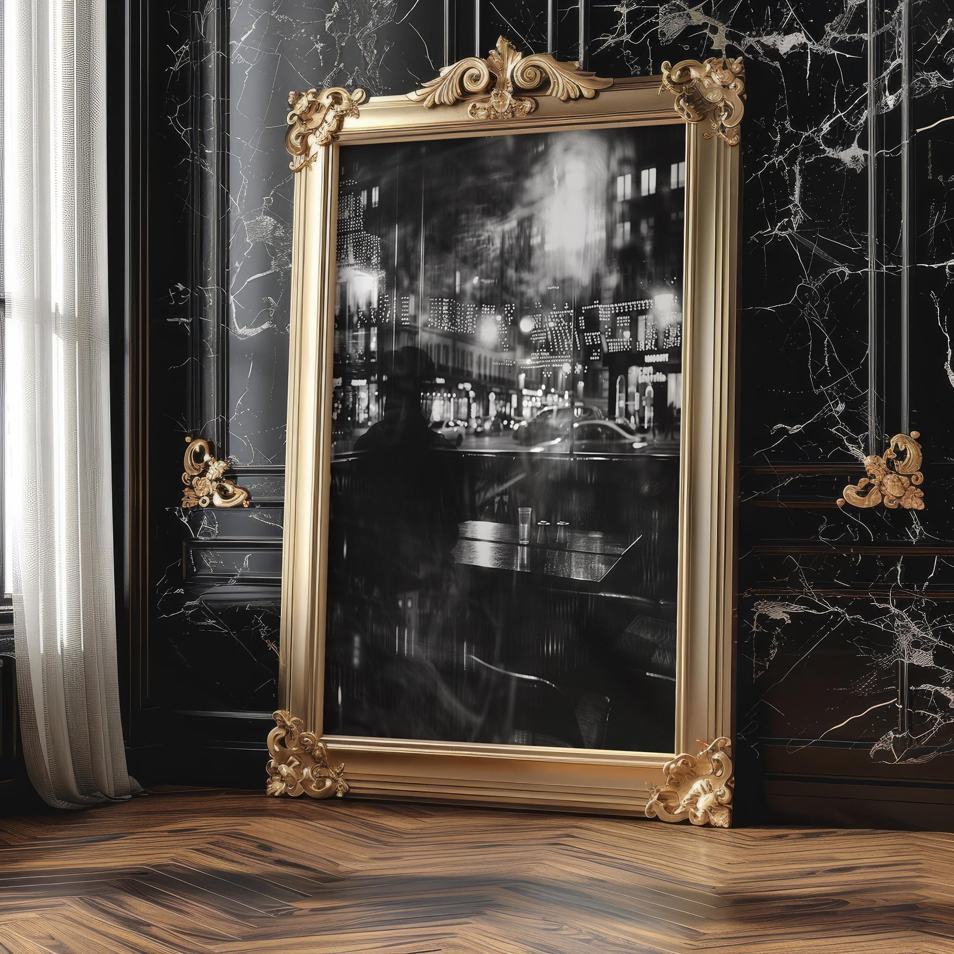 Urban Photography | Parisian Cafe Night Print | Black and White Photography, Moody Bokeh black and white photo print, minimalist monochrome wall art poster for modern interiors, Monohaus