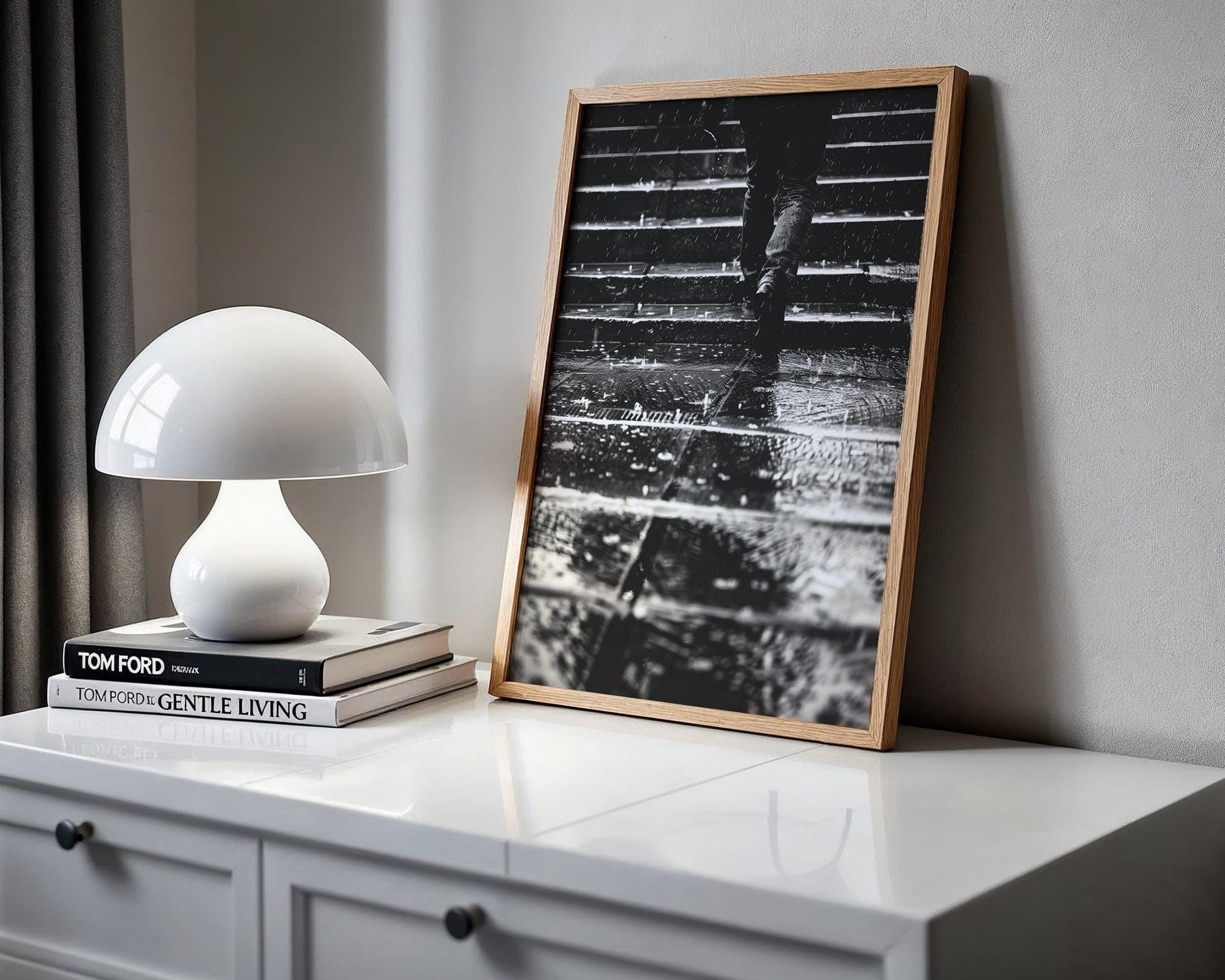 Urban Photography | Moody Rain Print | Atmospheric Street Scene Noir Film Vibe black and white photo print, minimalist monochrome wall art poster for modern interiors, Monohaus