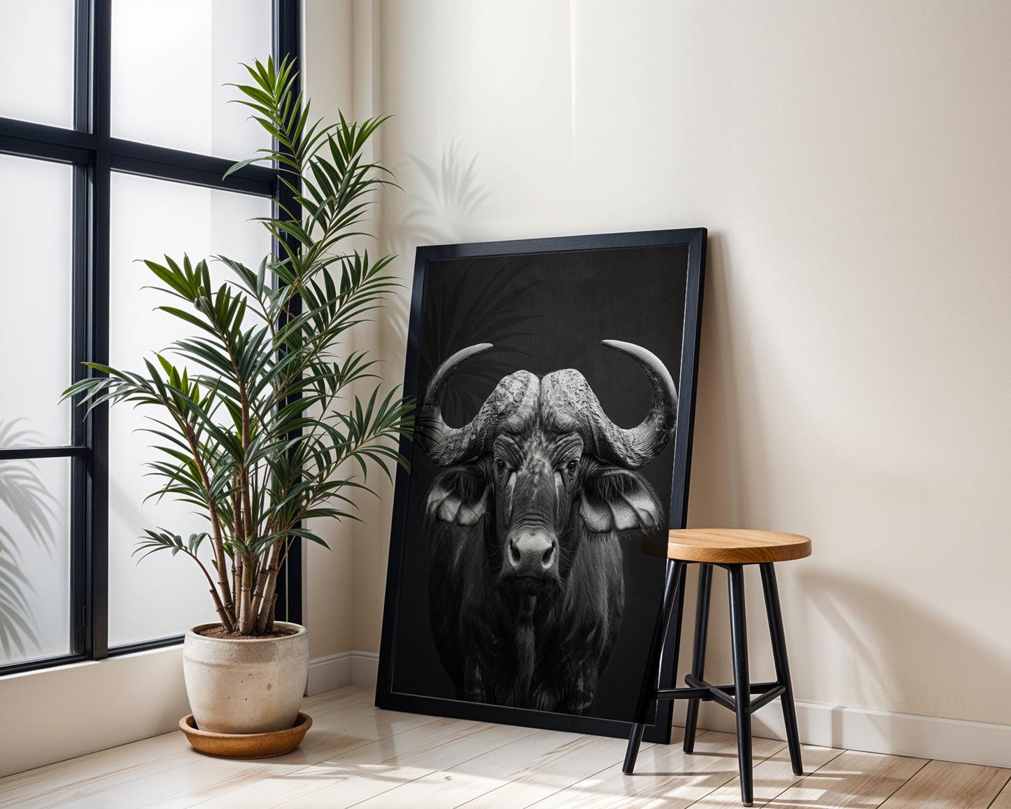 Wildlife Poster | Buffalo Portrait Print | Black & White African Photography wall art print, minimalist black and white poster, modern Scandinavian wall decor, Monohaus