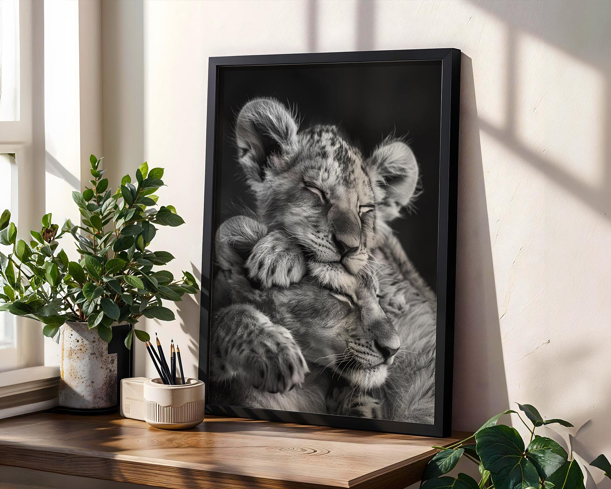 Wildlife Poster | Lion Cubs Sleeping Photography Print • Black & White Scandi Wall Art wall art print, minimalist black and white poster, modern Scandinavian wall decor, Monohaus