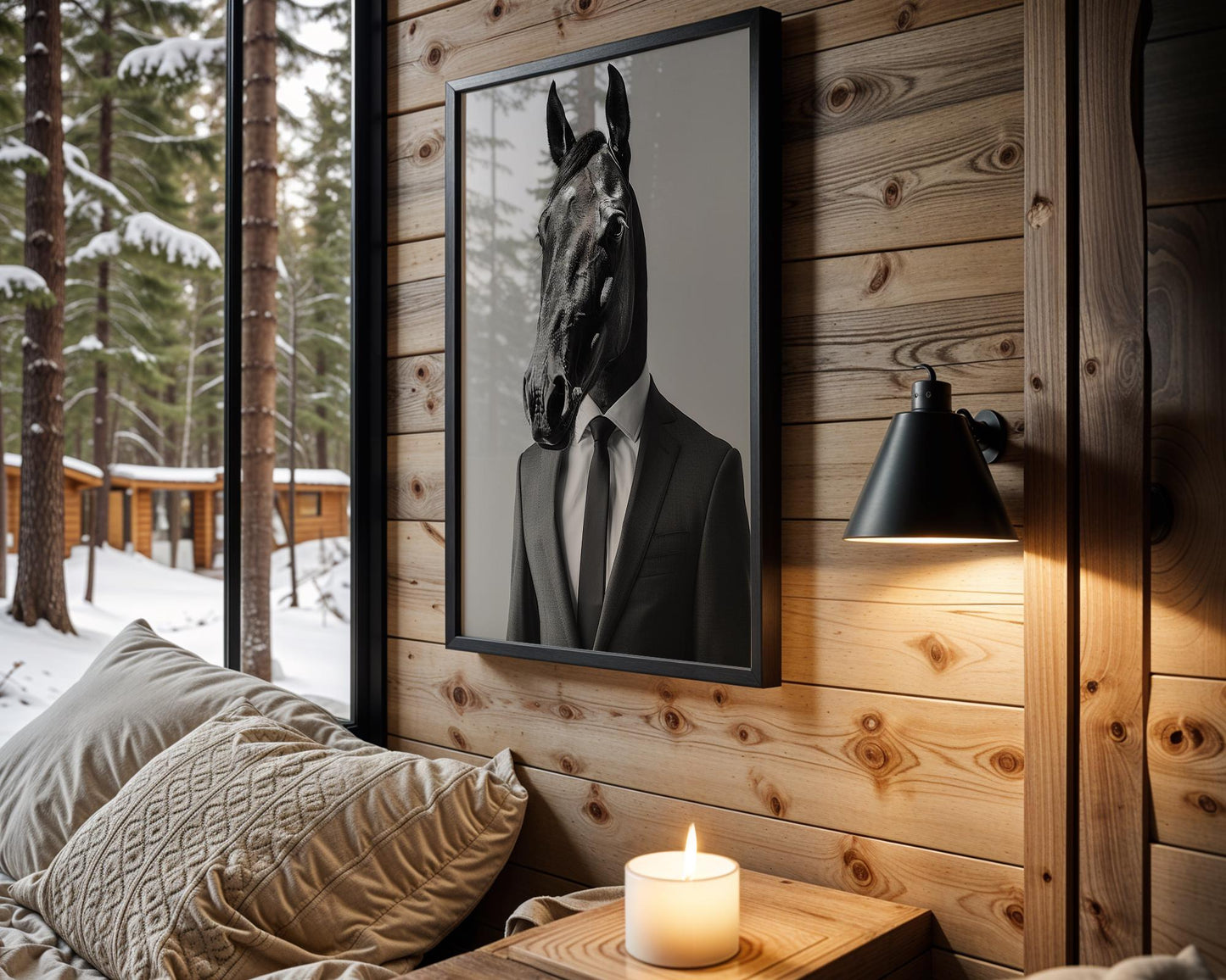 Horse Head in Suit Print | Surreal Equestrian Wall Art wall art print, minimalist black and white poster, modern Scandinavian wall decor, Monohaus