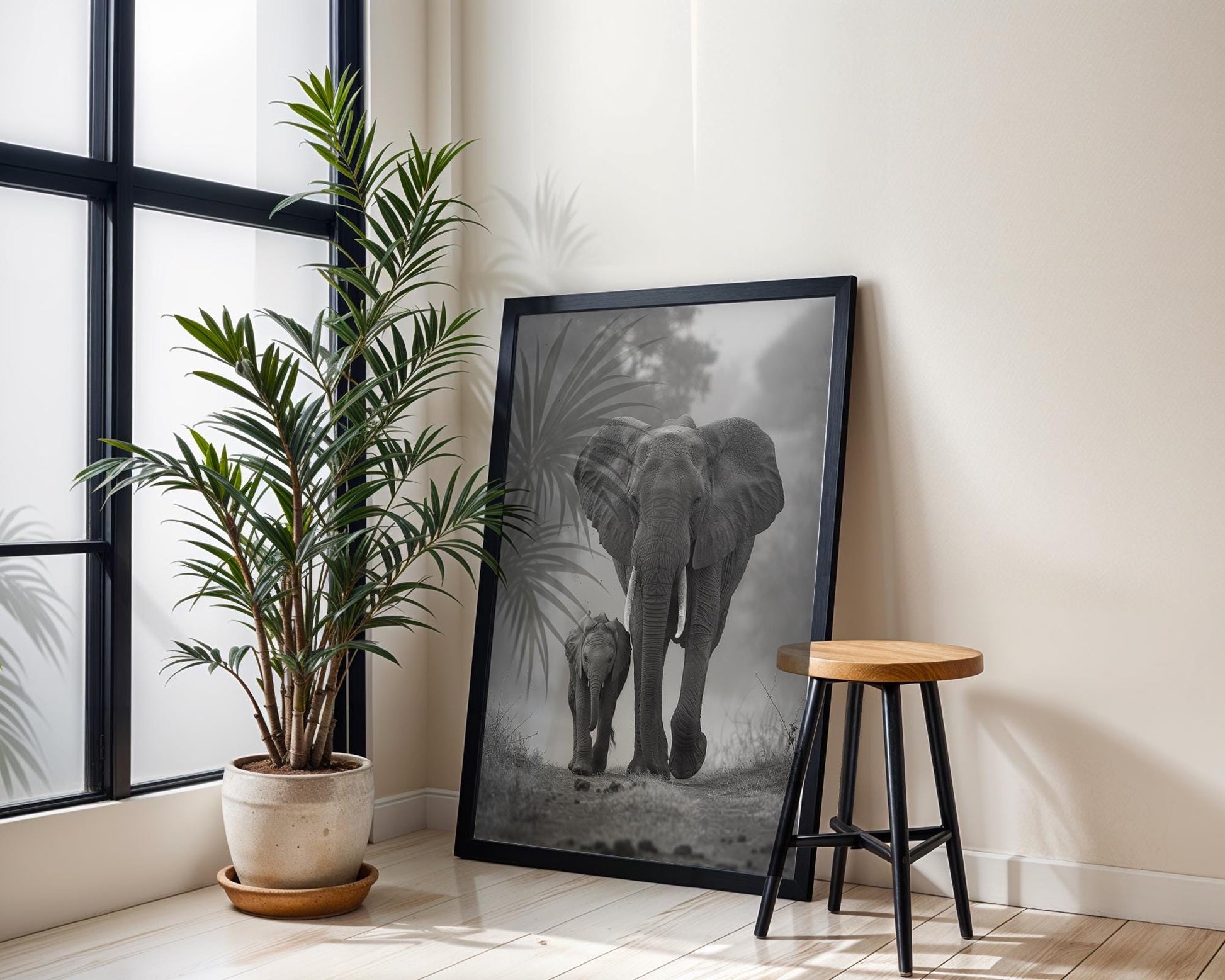 Wildlife Poster | Elephant and Calf Print | Minimalist Black & White  Photography wall art print, minimalist black and white poster, modern Scandinavian wall decor, Monohaus