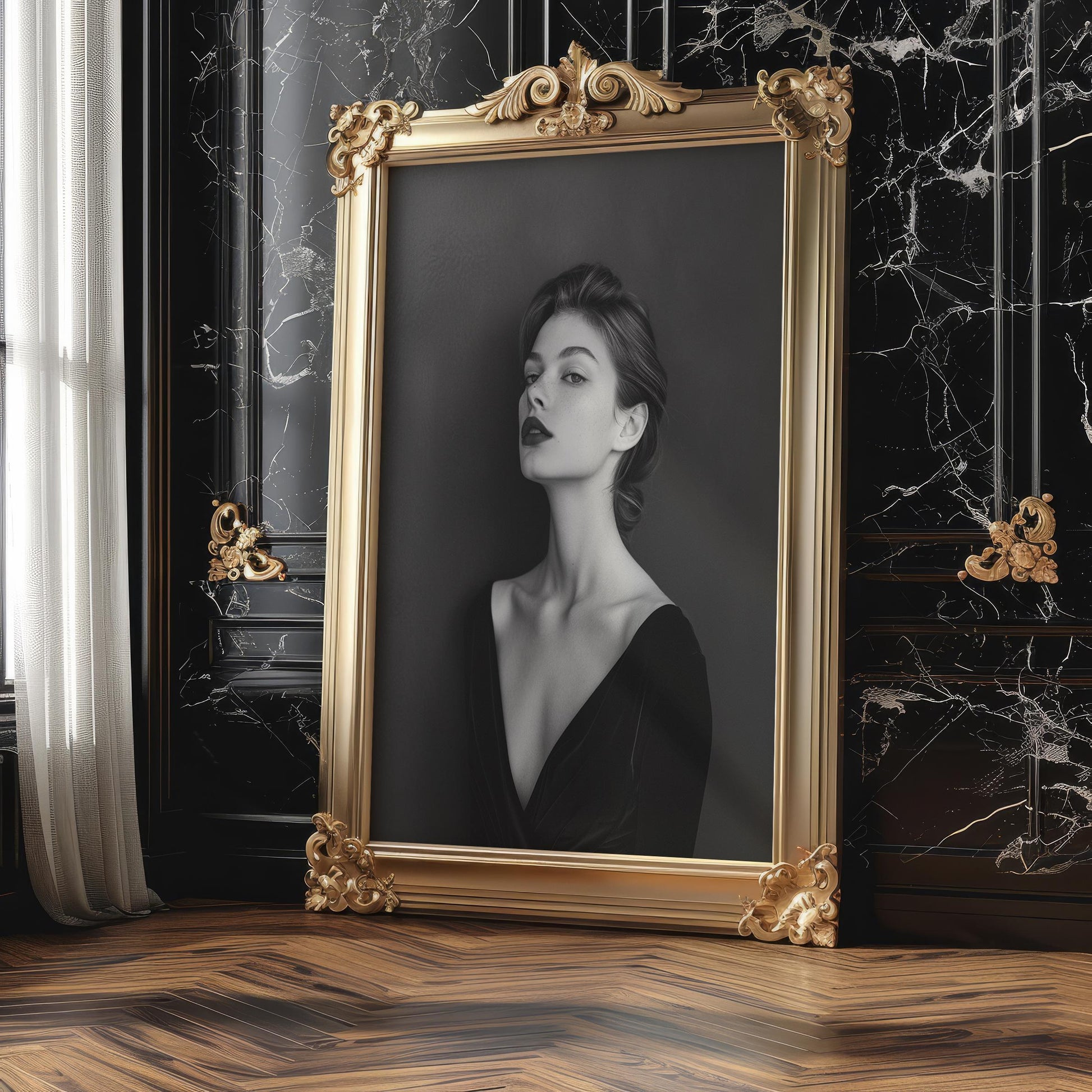 Minimal Wall Art Dark Lipstick Woman Portrait Print | Moody Velvet Dress Photography wall art print, minimalist black and white poster, modern Scandinavian wall decor, Monohaus