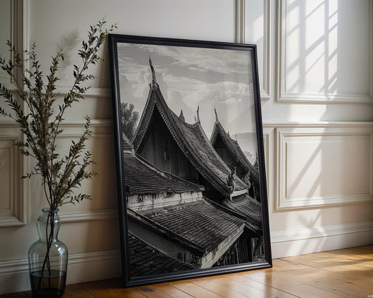 World Landmark | Laos Temple Roof Print | Luang Prabang Architecture Photography wall art print, black and white architectural poster, minimalist modern Scandinavian wall decor, Monohaus