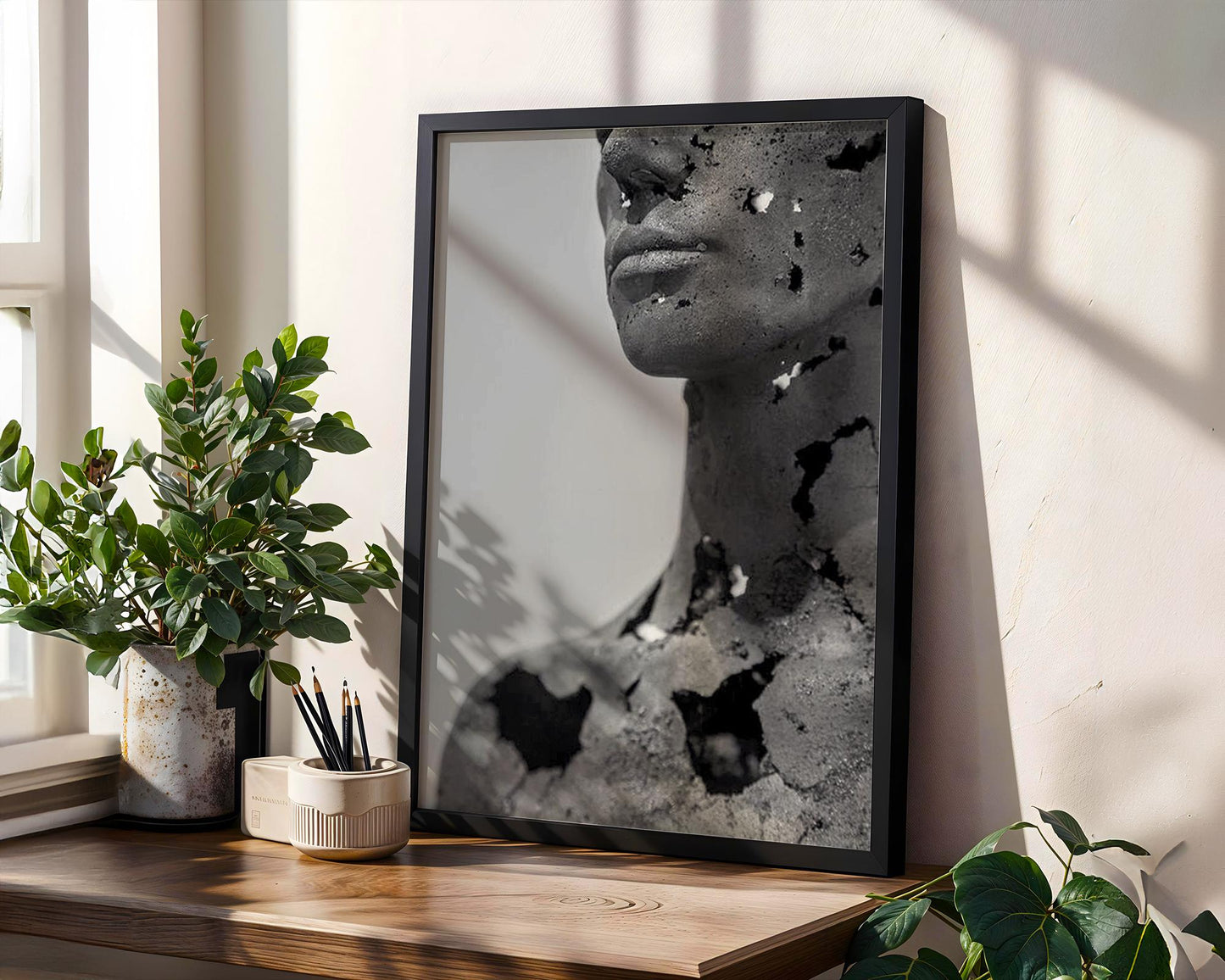 Designer Wall Art | Cracked Face Sculpture Print | Dark Gothic Modern Art wall art print, minimalist black and white poster, modern Scandinavian wall decor, Monohaus