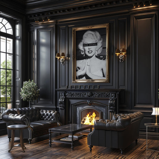 Designer Wall Art | Monochrome Monroe Portrait Print | Bold Censored Text, Pop Art Poster wall art print, minimalist black and white poster, modern Scandinavian wall decor, Monohaus