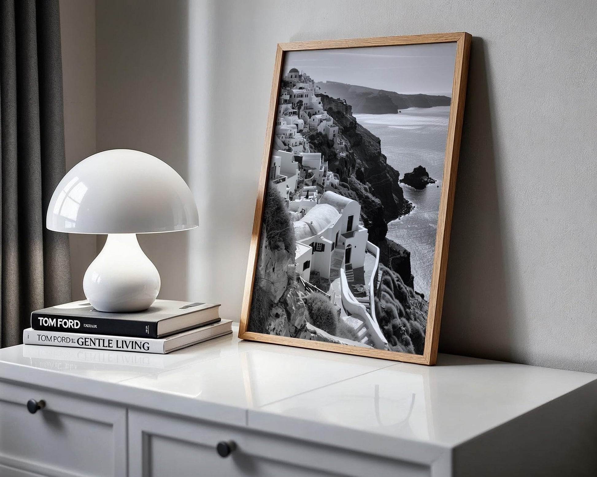 World Landmark | Santorini Greece Print | Black and White Cliffside Architecture wall art print, black and white architectural poster, minimalist modern Scandinavian wall decor, Monohaus