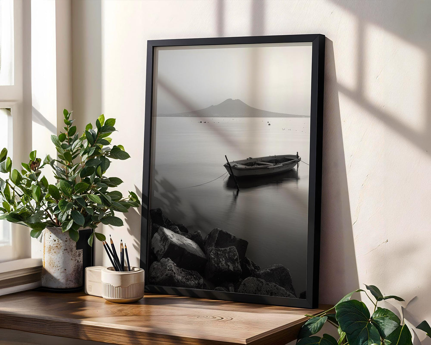 World Landmark | Naples Italy Photography | Mount Vesuvius, Boat Black and White Print