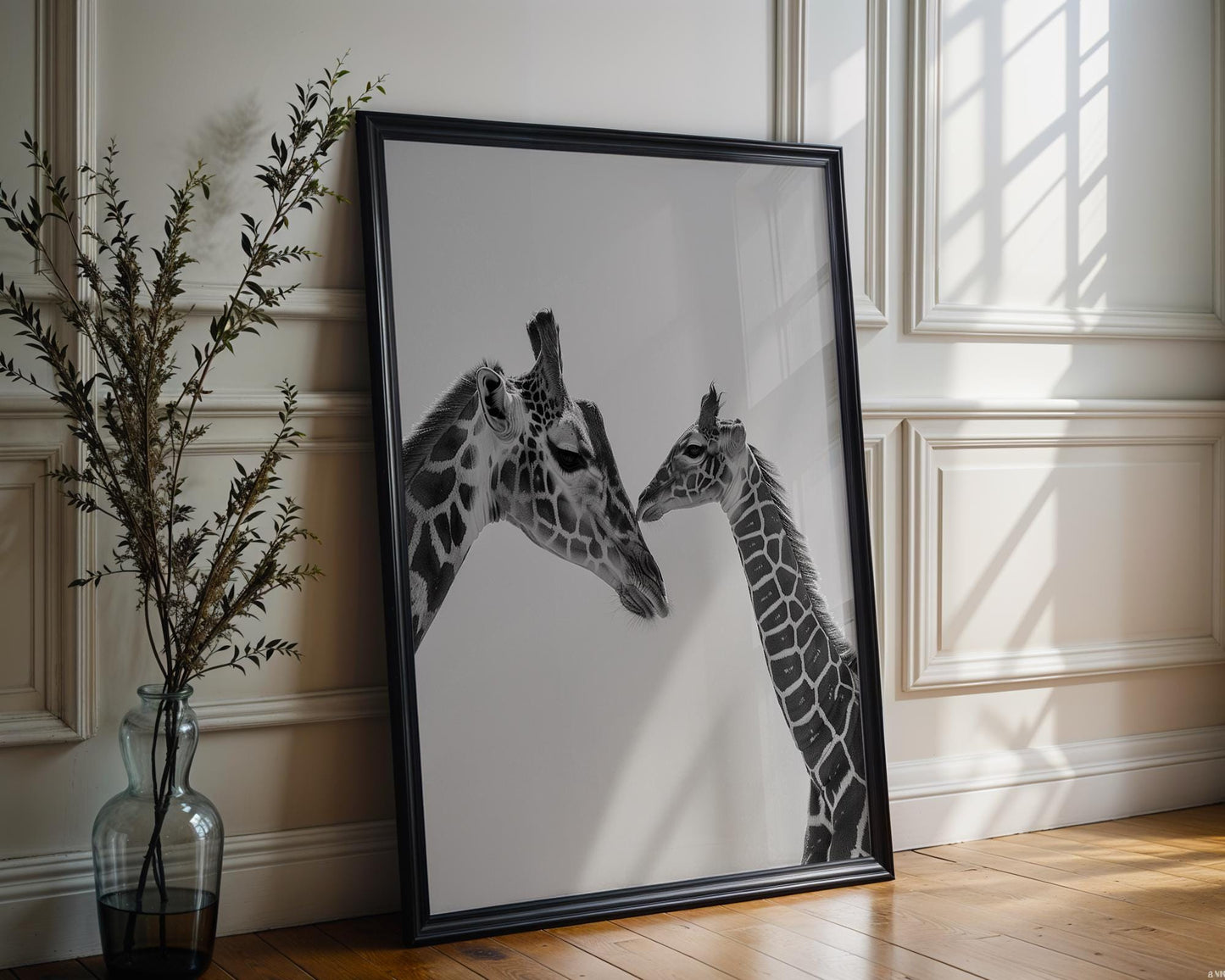 Wildlife Poster | Giraffe Mother and Calf Print | Minimalist  Photography wall art print, minimalist black and white poster, modern Scandinavian wall decor, Monohaus