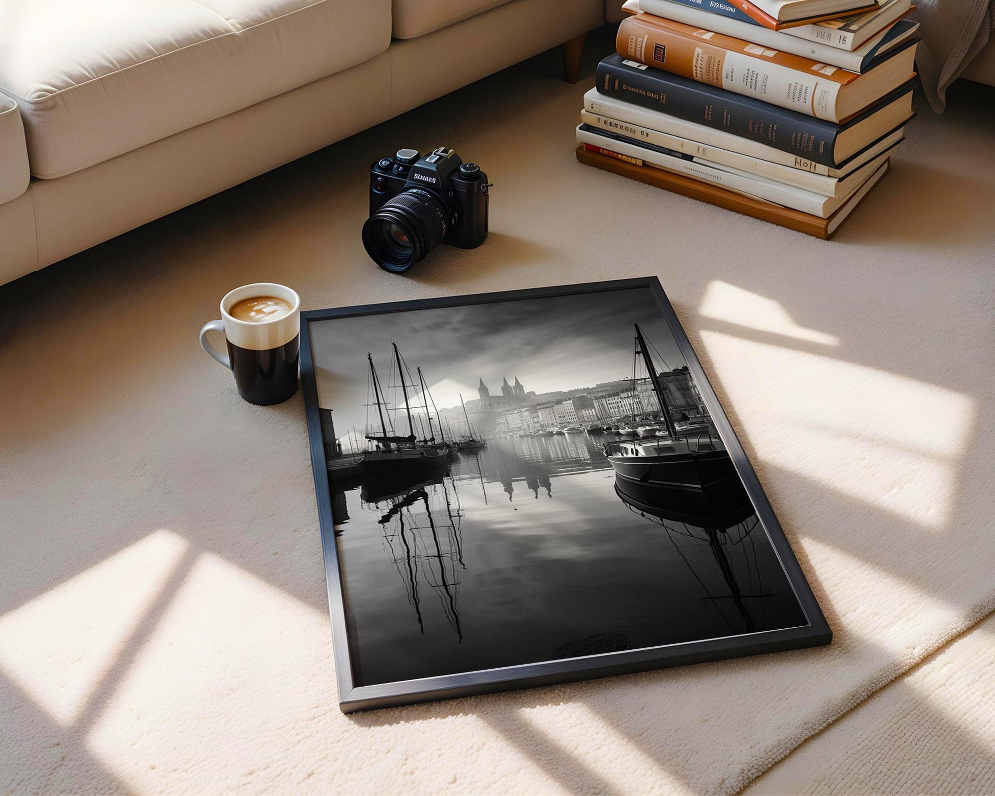 World Landmark | Marseille Old Port Print | Black and White France Photography wall art print, minimalist black and white poster, modern Scandinavian wall decor, Monohaus