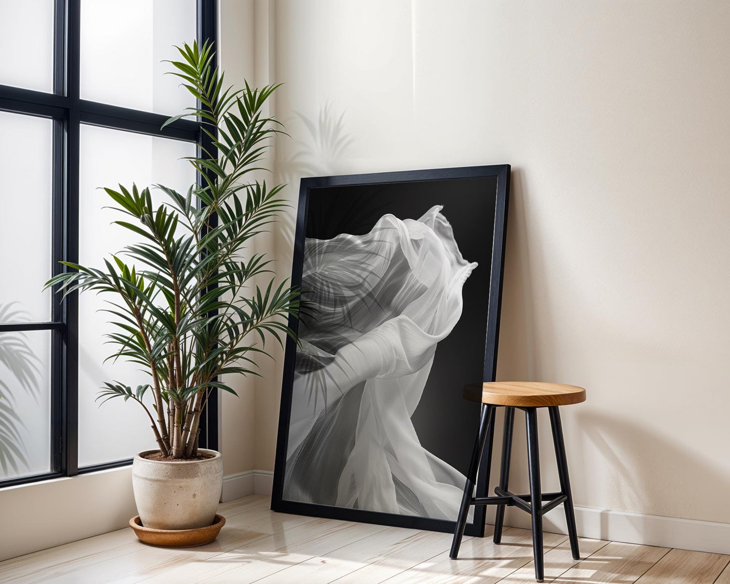 Minimal Wall Art White Sheer Fabric Print | Ethereal Texture, Scandinavian Decor wall art print, minimalist black and white poster, modern Scandinavian wall decor, Monohaus