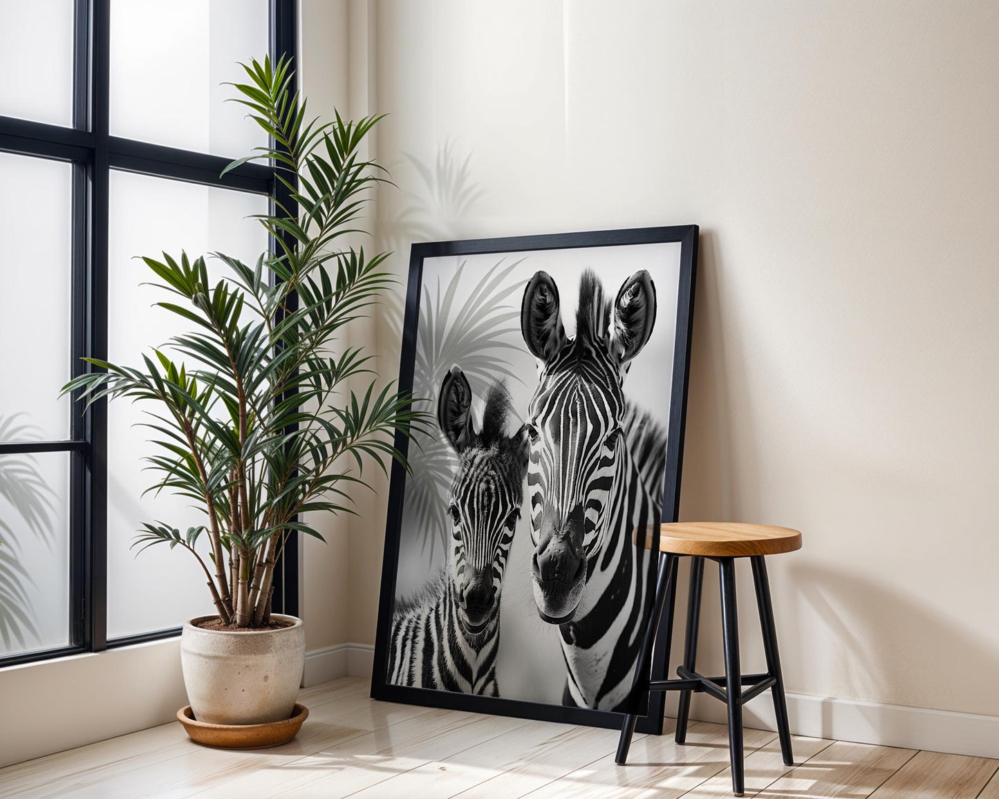 Wildlife Poster | Zebra Mother and Foal Print • Black & White Safari Photography wall art print, minimalist black and white poster, modern Scandinavian wall decor, Monohaus