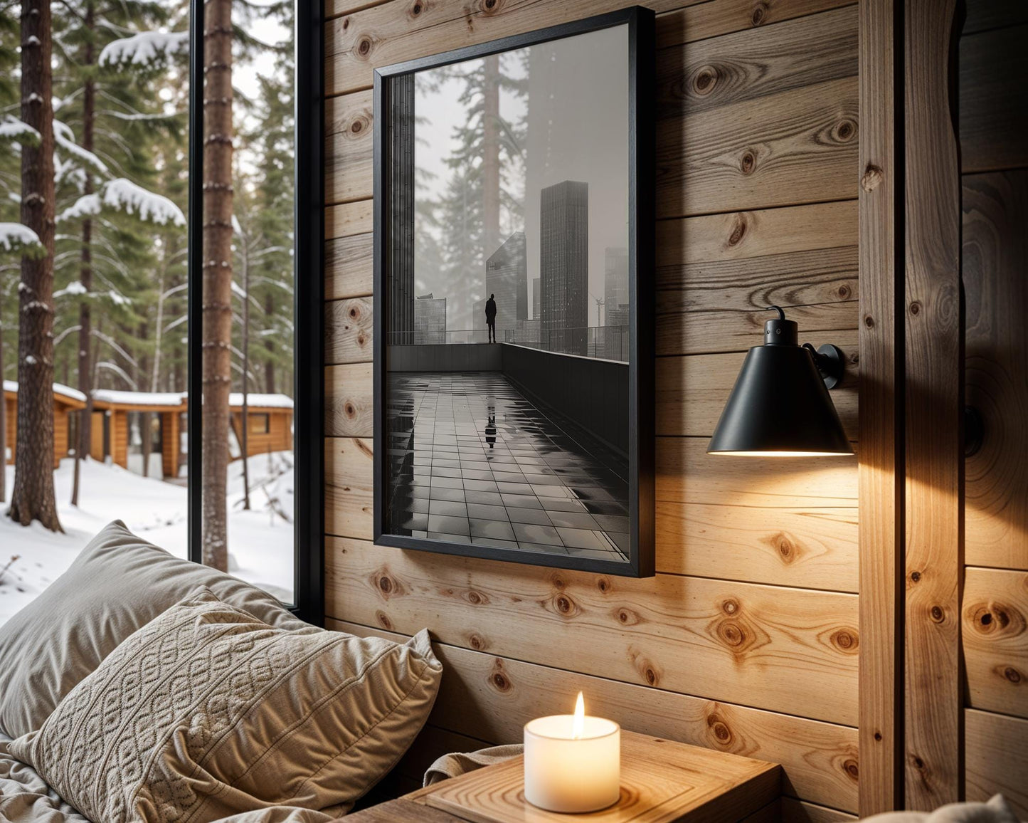 Urban Photography | Cityscape Photography Print | Modern Noir, Rooftop Man wall art print, black and white architectural poster, minimalist modern Scandinavian wall decor, Monohaus