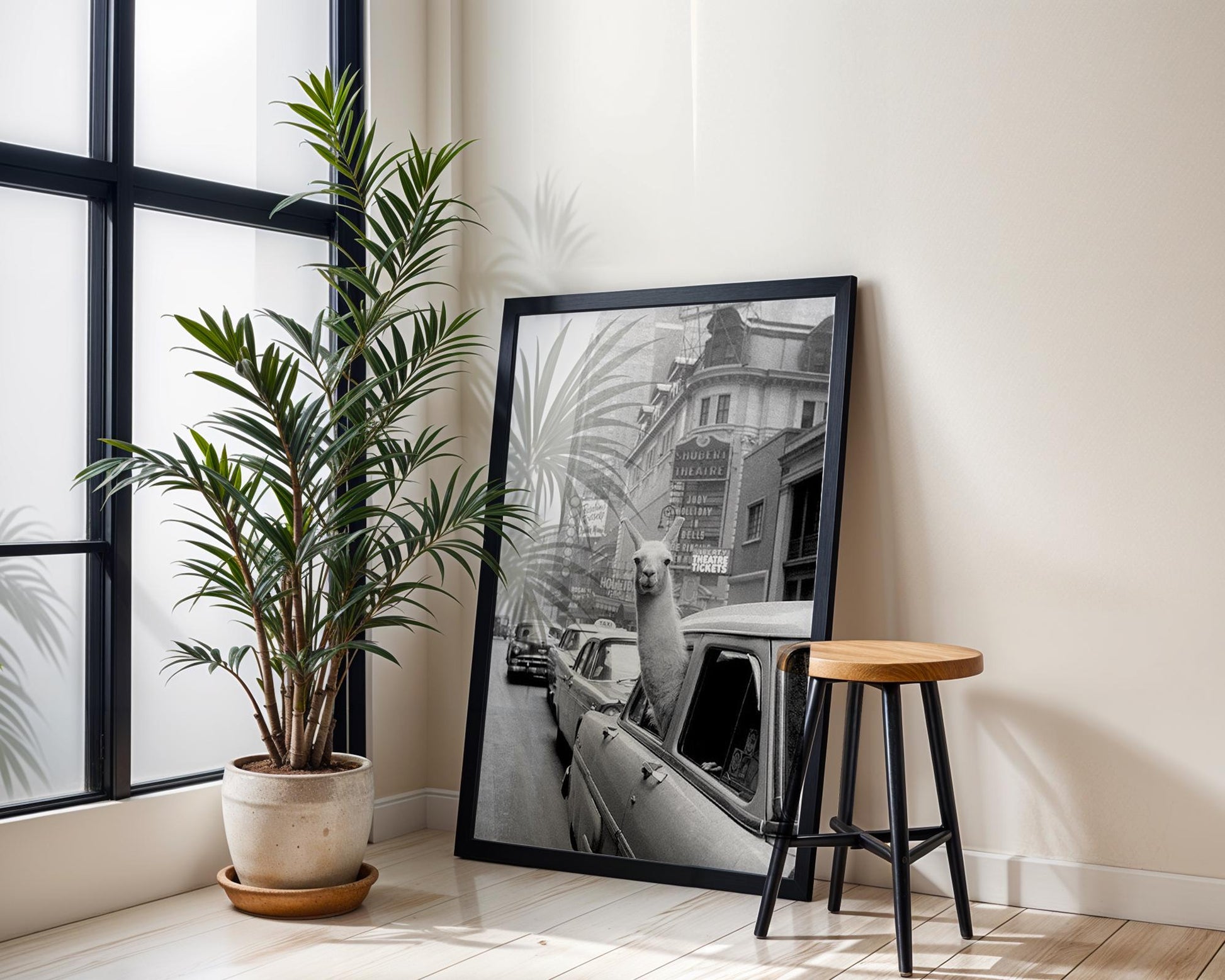 Designer Wall Art | Funny Llama in Car Print | Black and White City Photography wall art print, black and white architectural poster, minimalist modern Scandinavian wall decor, Monohaus