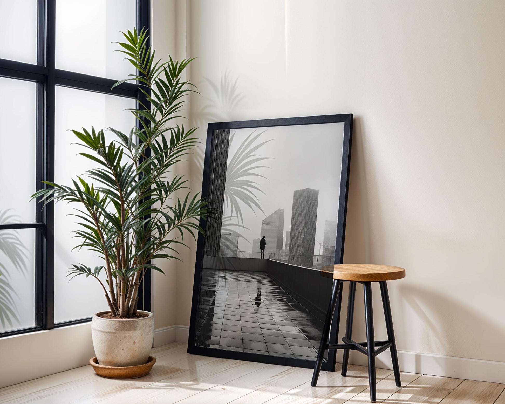 Urban Photography | Cityscape Photography Print | Modern Noir, Rooftop Man wall art print, black and white architectural poster, minimalist modern Scandinavian wall decor, Monohaus