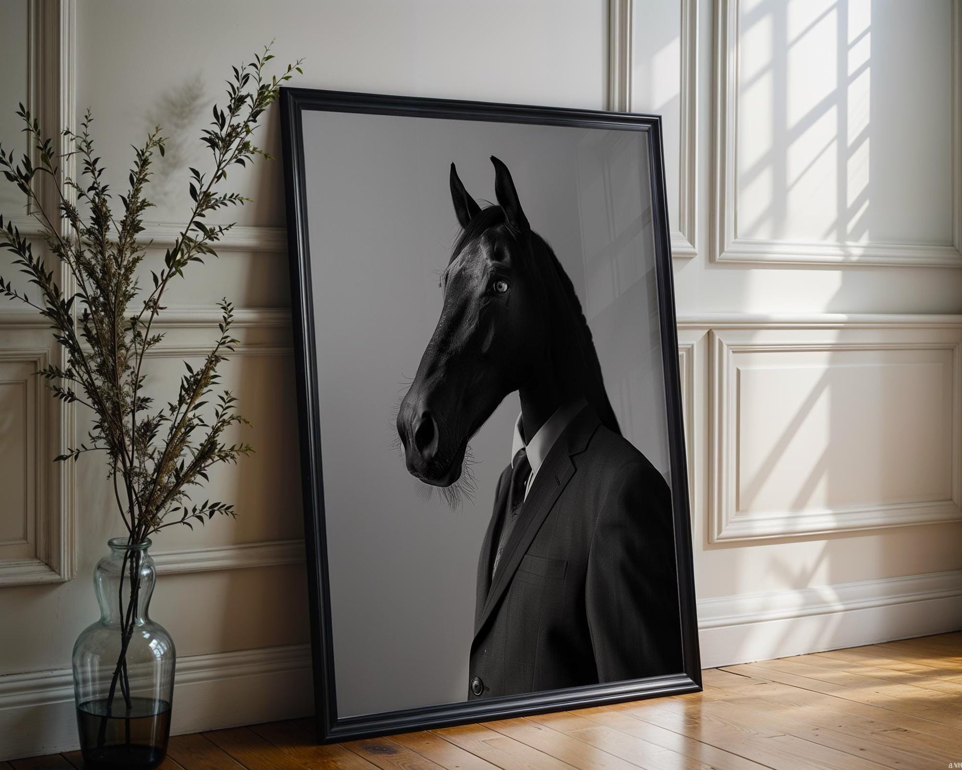 Designer Wall Art | Horse in Suit Print | Surreal Equestrian Art, Modern Minimalist Decor wall art print, minimalist black and white poster, modern Scandinavian wall decor, Monohaus
