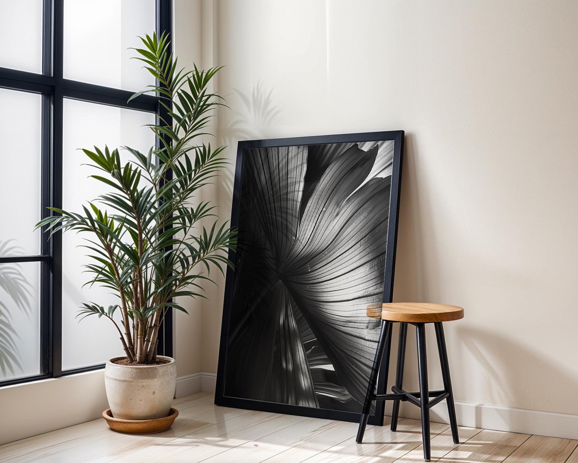 Botanical Photo | Dark Palm Frond Leaf Print | Black & White Tropical Home Decor wall art print, minimalist black and white poster, modern Scandinavian wall decor, Monohaus