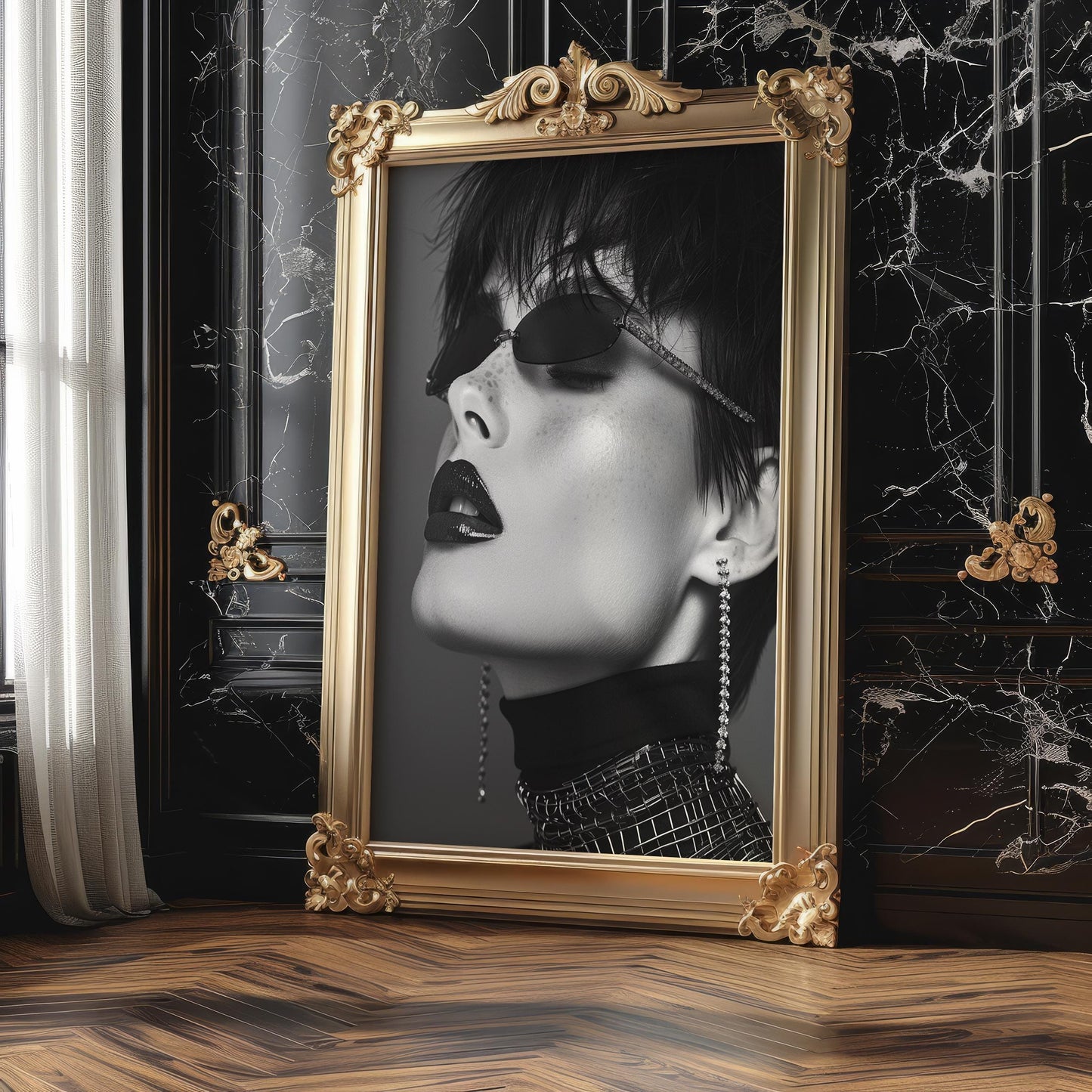 Minimal Wall Art Woman Portrait Print | Glossy Lips, Futuristic Shades Art wall art print, minimalist black and white poster, modern Scandinavian wall decor, Monohaus