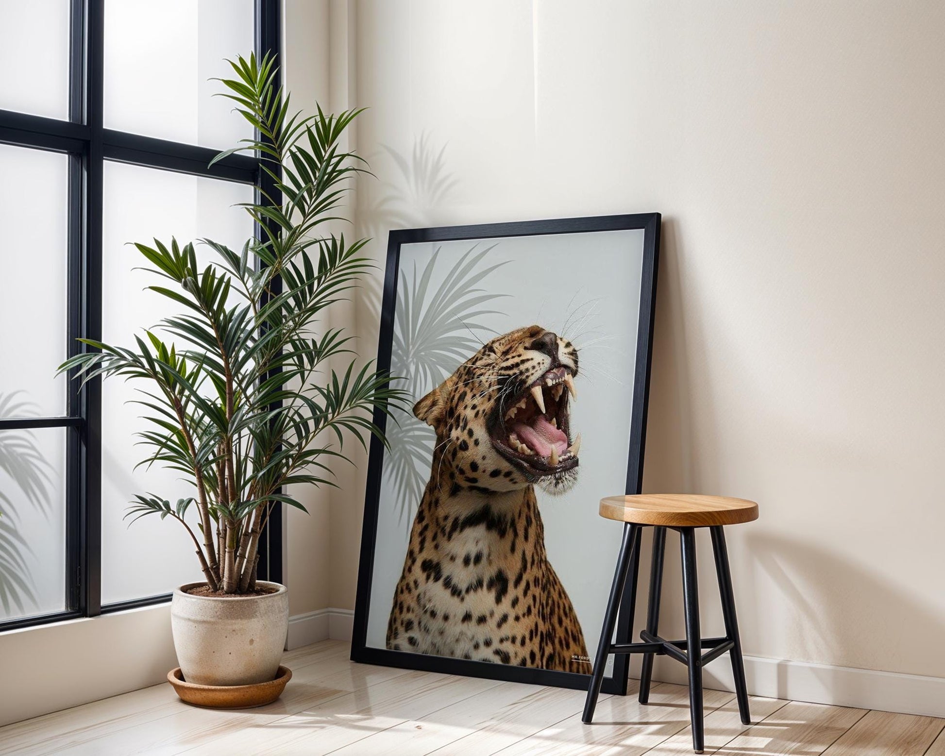 Designer Wall Art | Growling Leopard Print | Black and White Safari Animal Photo wall art print, minimalist black and white poster, modern Scandinavian wall decor, Monohaus