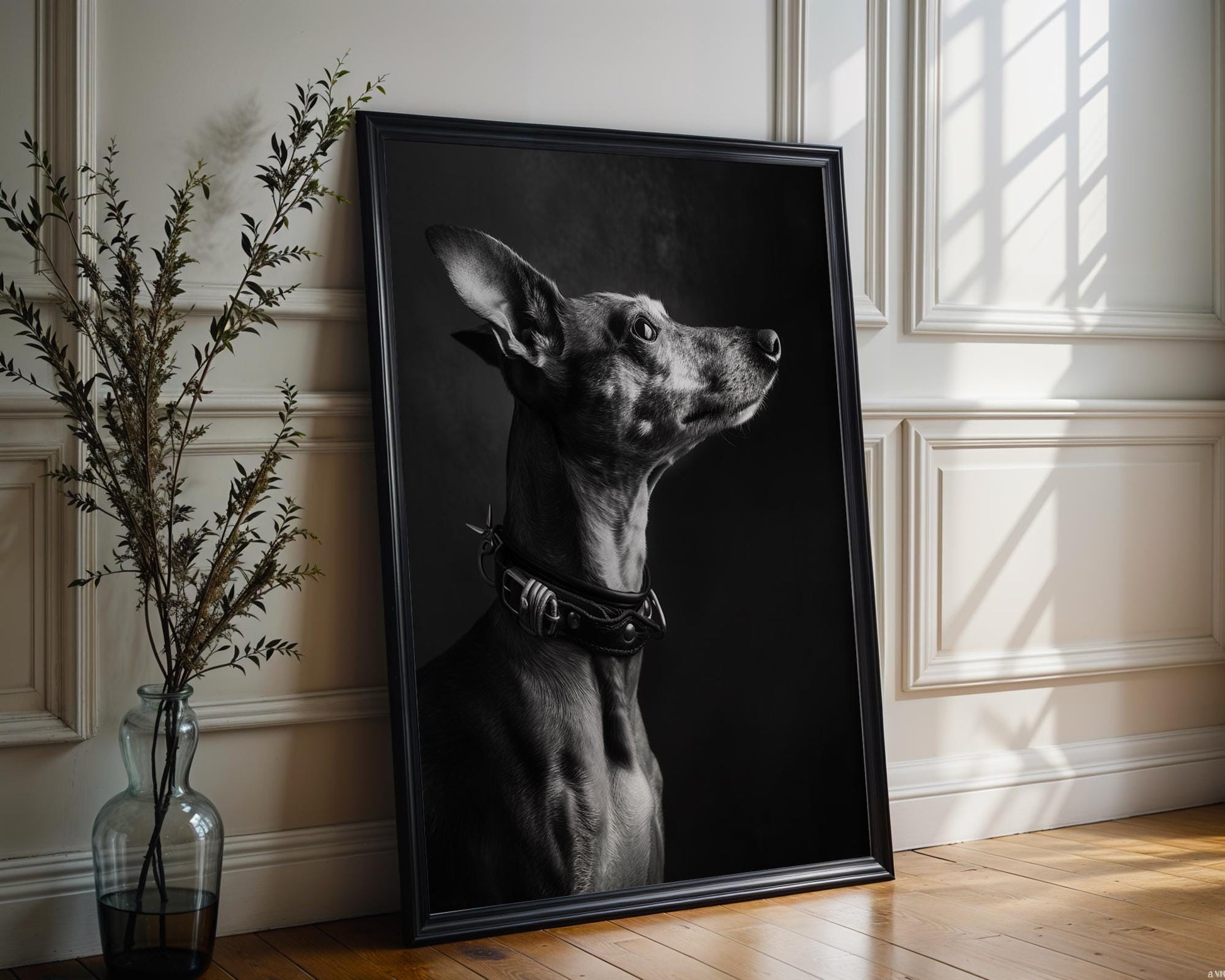 Dog Photography Monohaus Whippet Portrait Print | Moody Black and White Pet Art wall art print, minimalist black and white poster, modern Scandinavian wall decor, Monohaus