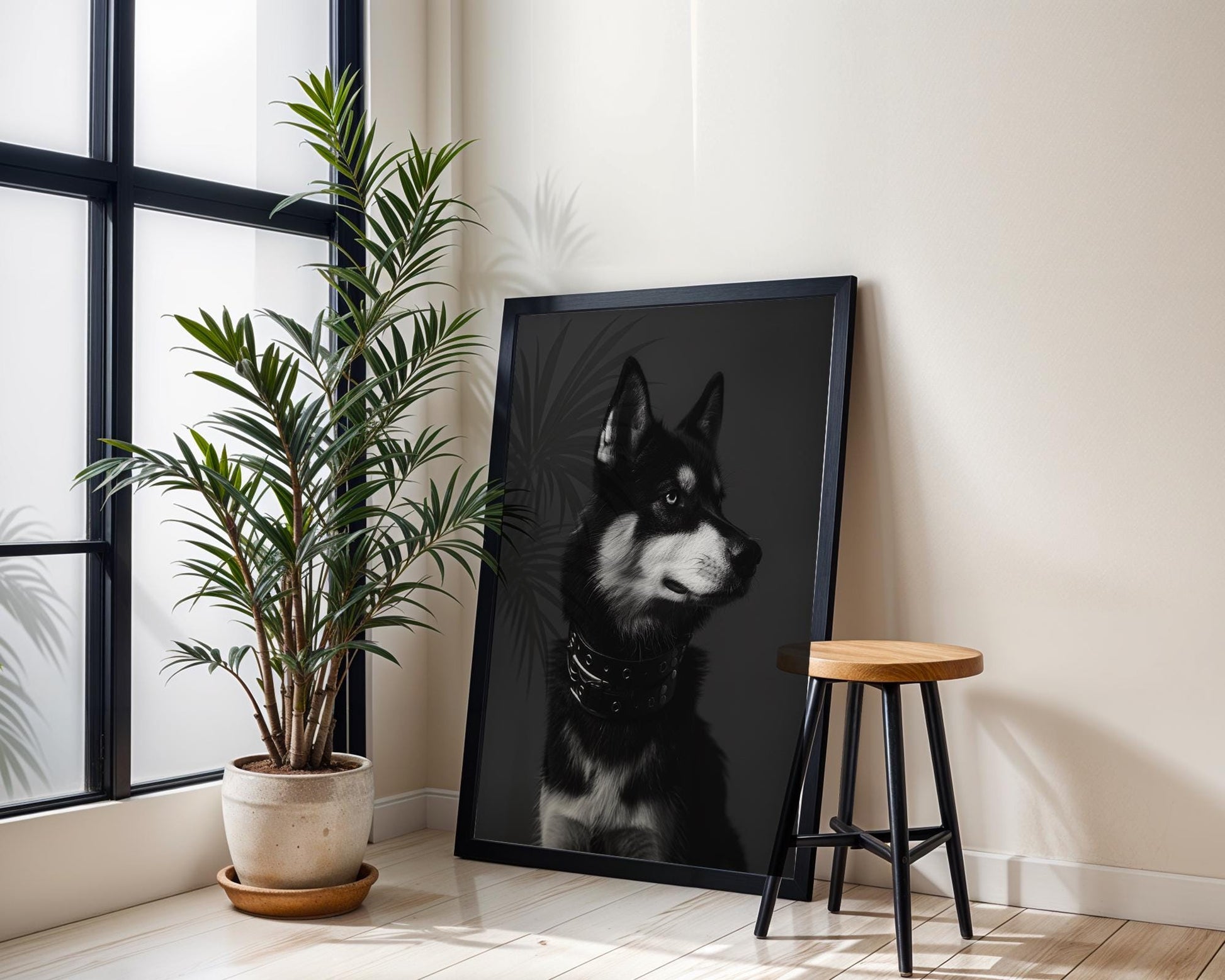 Dog Photography Husky Pet Art Print | Edgy Biker with Studded Collar, Monochrome Wall Decor wall art print, minimalist black and white poster, modern Scandinavian wall decor, Monohaus
