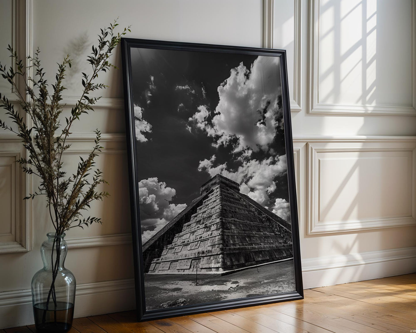 World Landmark | Chichen Itza Pyramid Photography Print | Black and White Mayan Wall Art