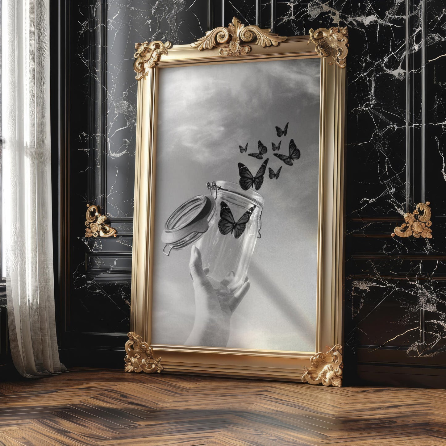 Designer Wall Art | Butterfly Jar Print | Minimalist Black & White Nature Photo wall art print, minimalist black and white poster, modern Scandinavian wall decor, Monohaus