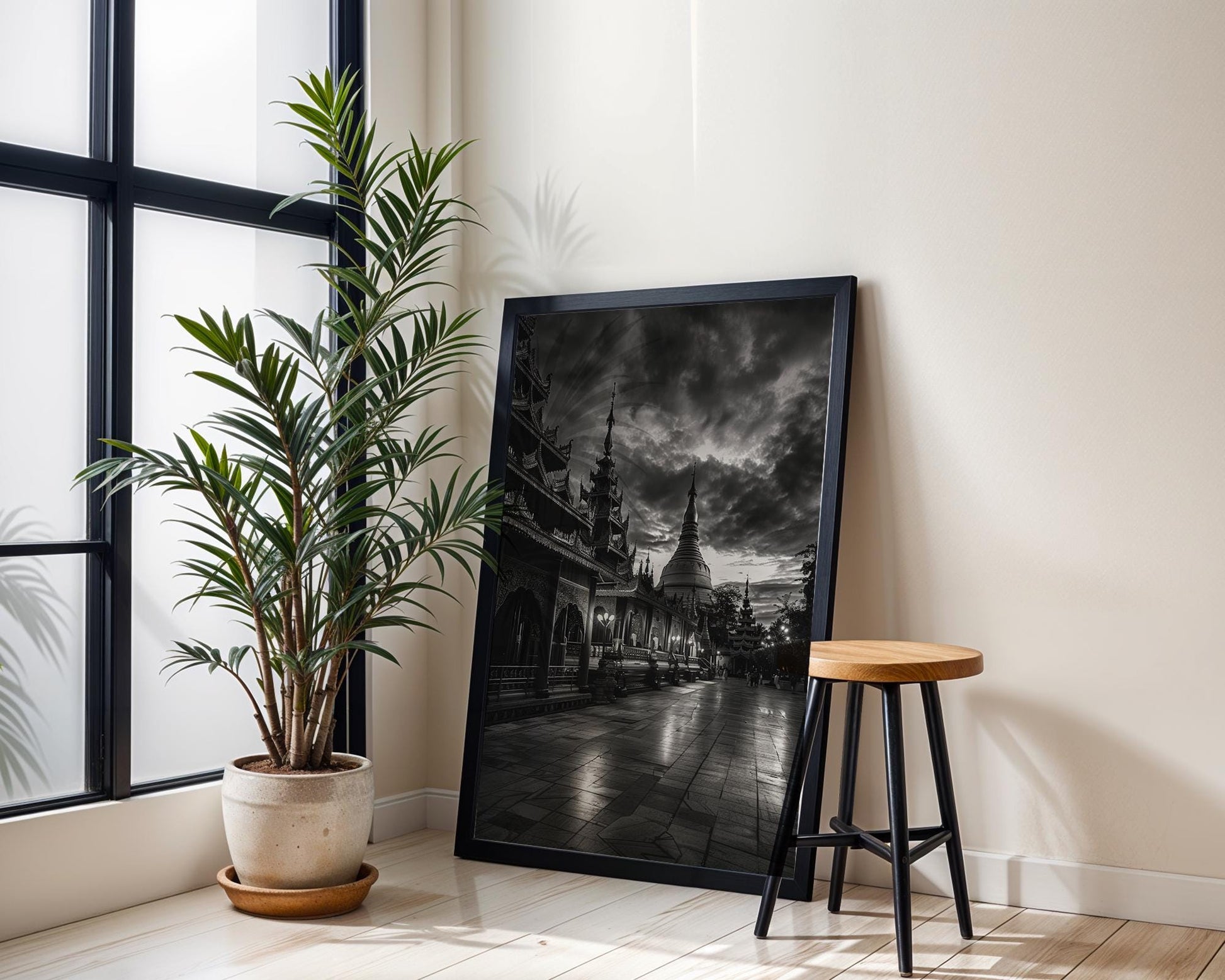 World Landmark | Shwedagon Pagoda Print | Yangon, Myanmar Black and White Photography wall art print, minimalist black and white poster, modern Scandinavian wall decor, Monohaus