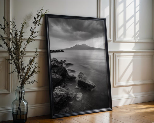 World Landmark | Mount Vesuvius Seascape Print | Naples Coastal Black and White Photography