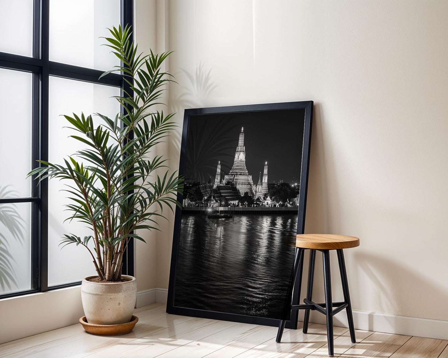 Wat Arun Temple, Bangkok Night Photography Print | Black and White Cityscape Wall Art