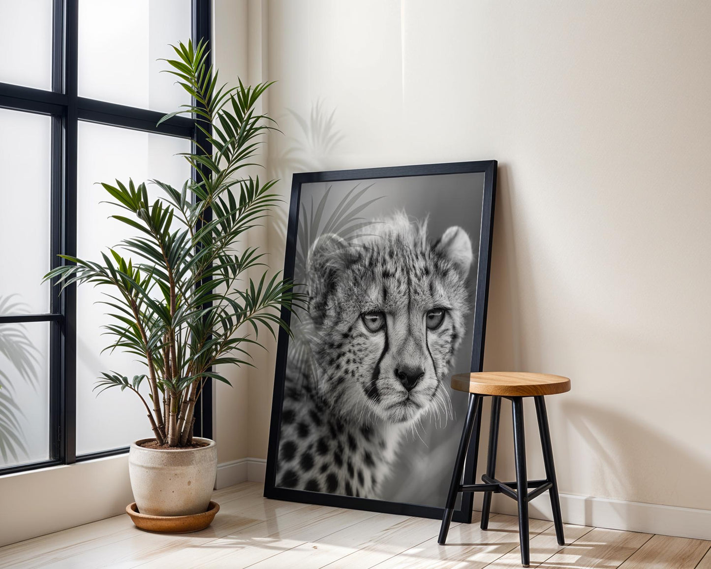 Wildlife Poster | Cheetah Close-Up Print • Black & White Safari Photography wall art print, minimalist black and white poster, modern Scandinavian wall decor, Monohaus