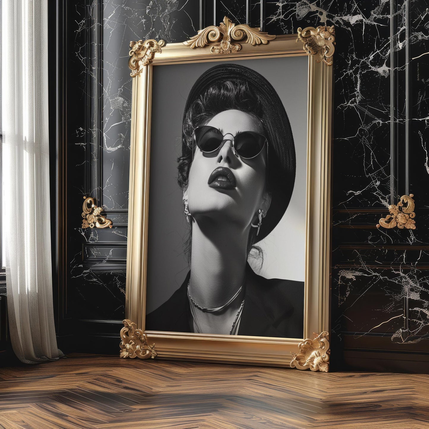 Minimal Wall Art Glamorous Woman in Sunglasses Art Print | Retro Fashion Photo wall art print, minimalist black and white poster, modern Scandinavian wall decor, Monohaus