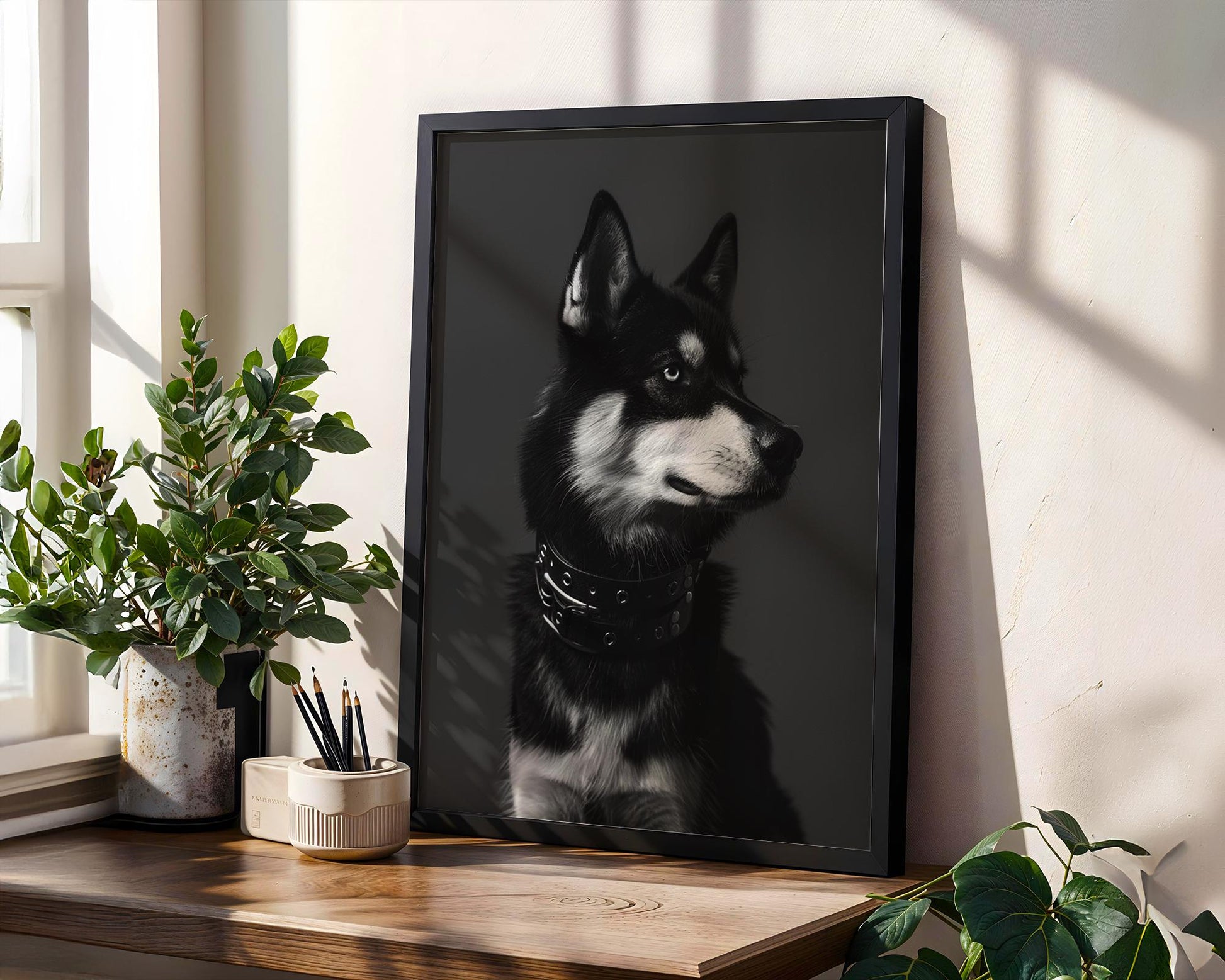 Dog Photography Husky Pet Art Print | Edgy Biker with Studded Collar, Monochrome Wall Decor wall art print, minimalist black and white poster, modern Scandinavian wall decor, Monohaus