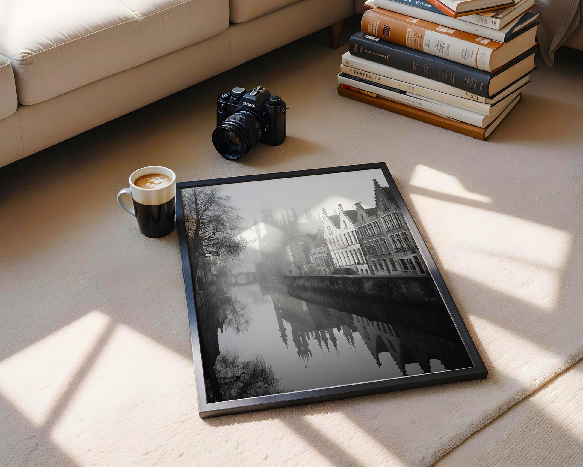 World Landmark | Bruges Belgium Photography Print | Black and White Canal Reflection wall art print, minimalist black and white poster, modern Scandinavian wall decor, Monohaus