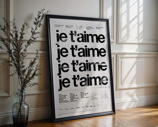 Designer Wall Art | Je T'aime Typography Print | Minimalist French Quote typography wall art print, minimalist black and white type poster, modern graphic design decor, Monohaus
